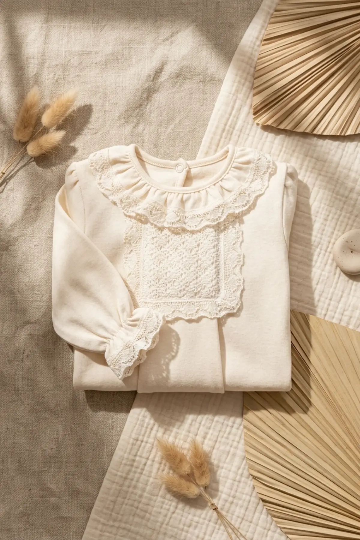 Kız Bebek Tarçın Dantel Yakalı Hastane Çıkışı ve Ekru Fitilli 5li Boho Set - %100 Yumuşak Pamuk