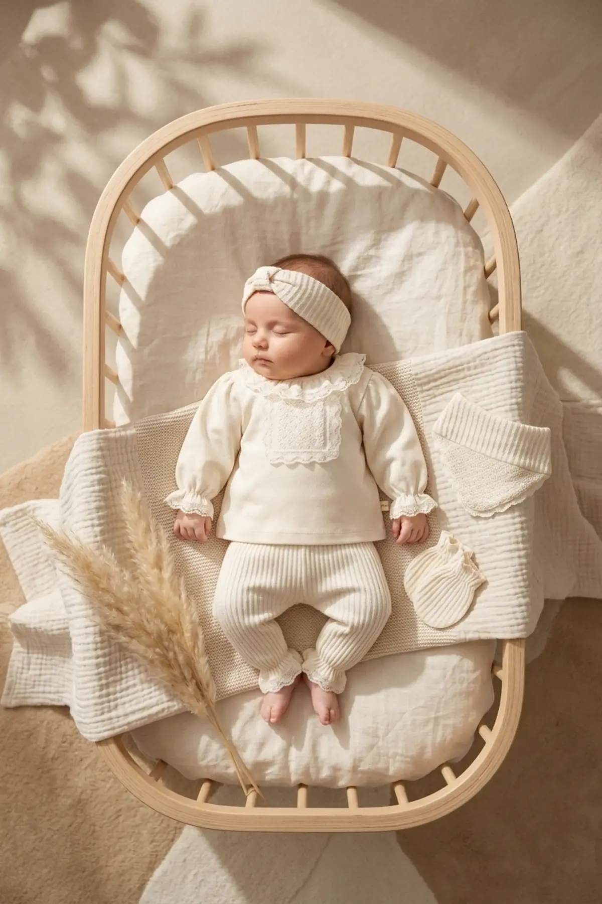 Kız Bebek Tarçın Dantel Yakalı Hastane Çıkışı ve Ekru Fitilli 5li Boho Set - %100 Yumuşak Pamuk