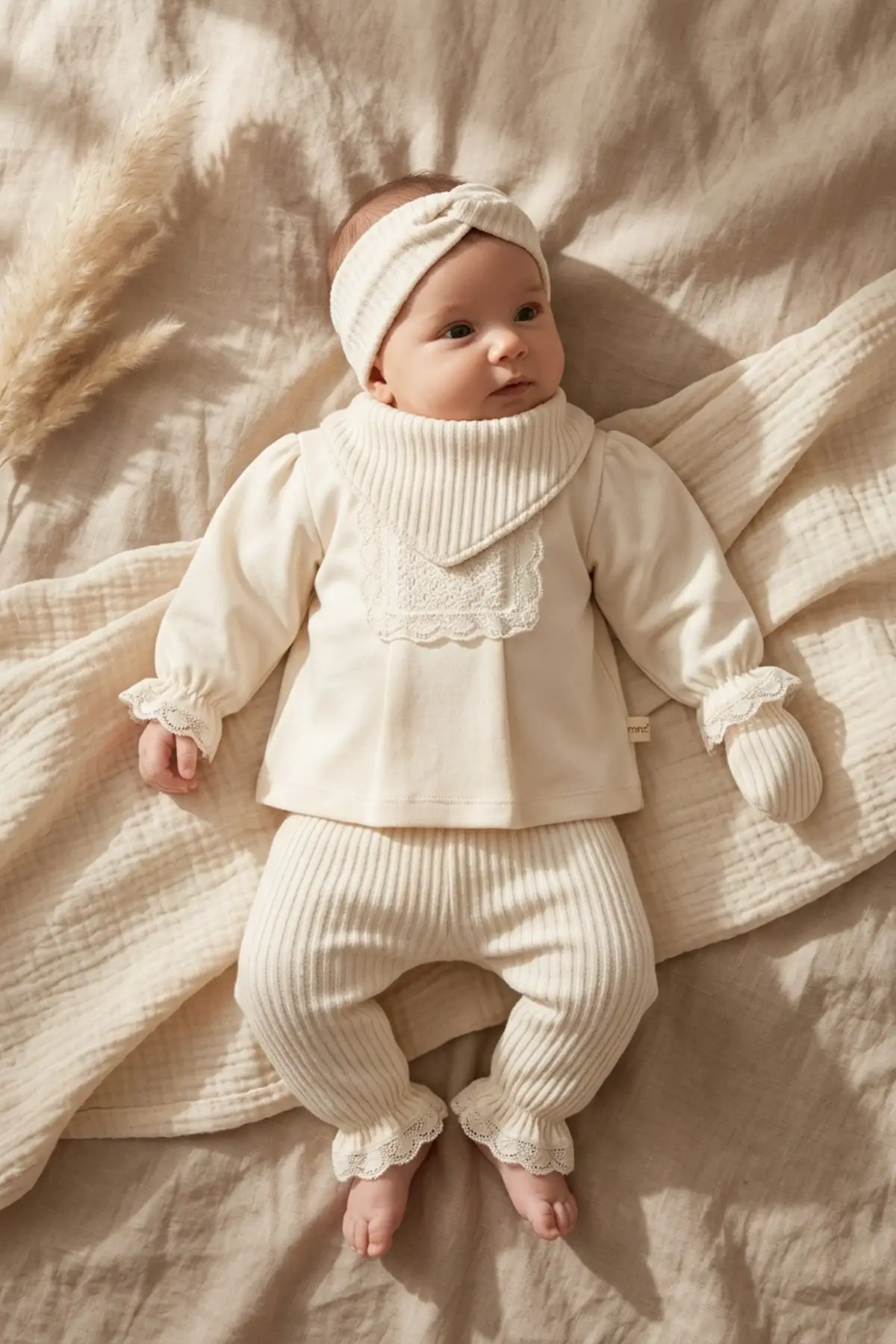 Kız Bebek Tarçın Dantel Yakalı Hastane Çıkışı ve Ekru Fitilli 5li Boho Set - %100 Yumuşak Pamuk