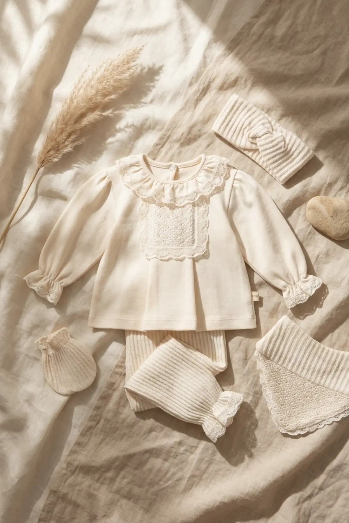 Kız Bebek Tarçın Dantel Yakalı Hastane Çıkışı ve Ekru Fitilli 5li Boho Set - %100 Yumuşak Pamuk