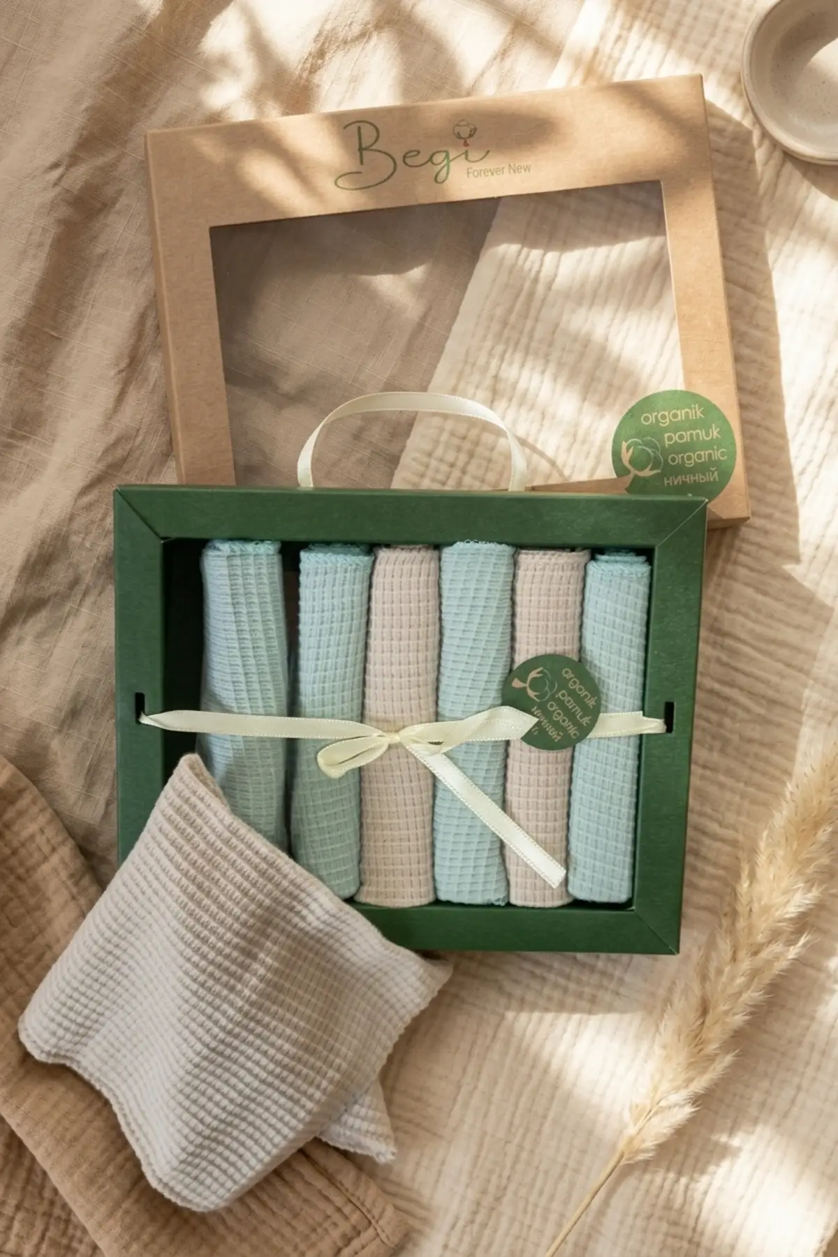 Begi Forever New 7li Organik Pamuk Müslin Ağız Bezi - Pastel Mint & Bej Waffle Dokulu Premium Hediye Kutulu