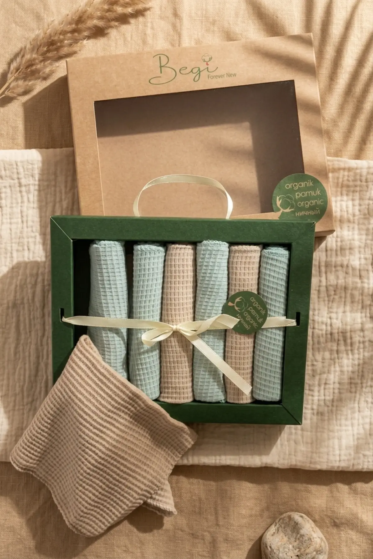 Begi Forever New 7li Organik Pamuk Müslin Ağız Bezi - Pastel Mint & Bej Waffle Dokulu Premium Hediye Kutulu