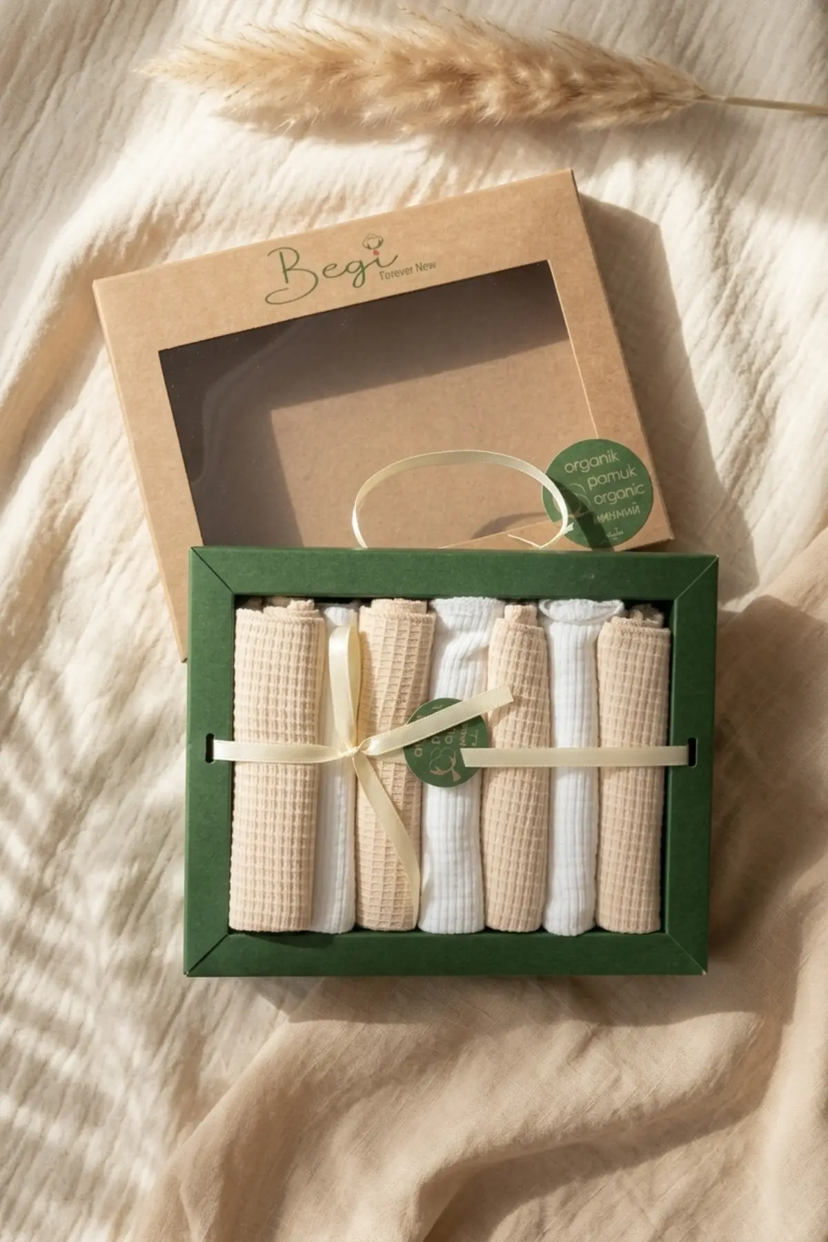 Begi Forever New 7li Organik Pamuk Müslin Ağız Bezi - Pastel Mint & Bej Waffle Dokulu Premium Hediye Kutulu