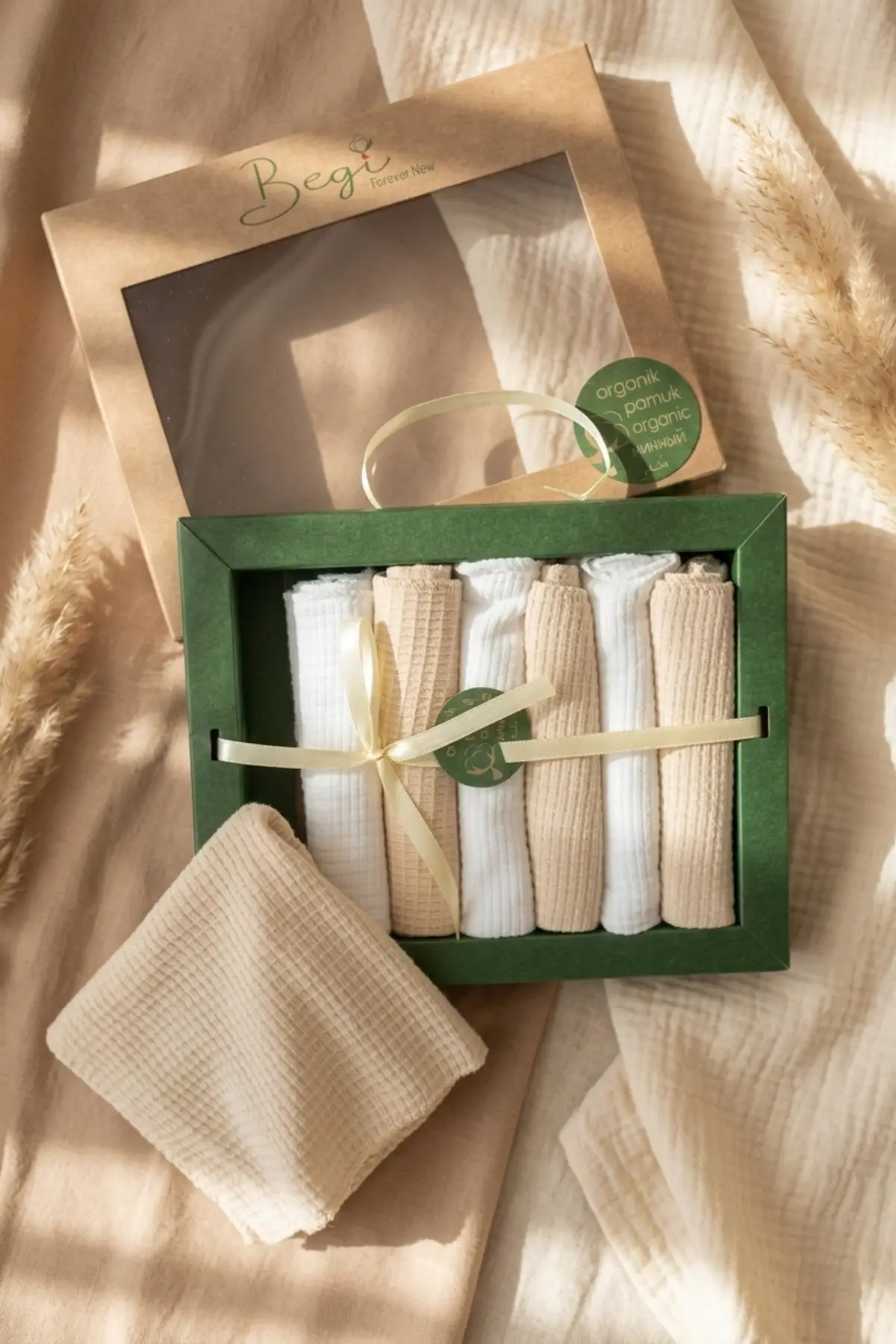Begi Forever New 7li Organik Pamuk Müslin Ağız Bezi - Pastel Mint & Bej Waffle Dokulu Premium Hediye Kutulu
