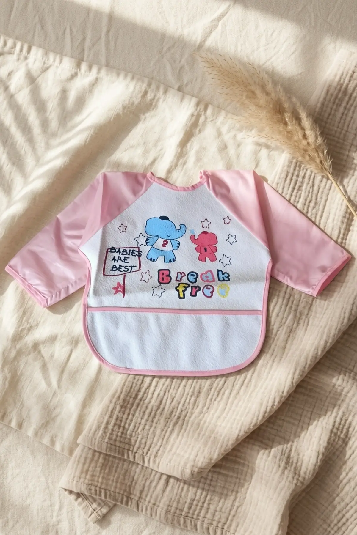 Kız Bebek Pembe Uzun Kollu Sıvı Geçirmez Mama Önlüğü - Cepli, Fil Desenli 6-24 Ay Aktivite Önlüğü
