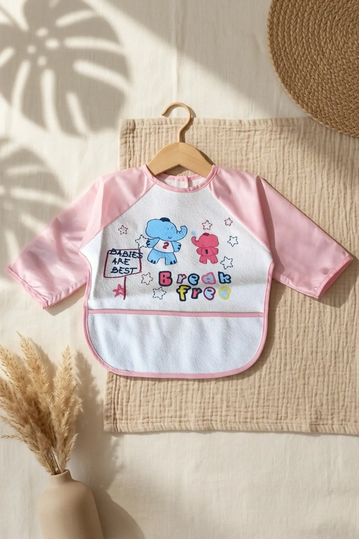 Kız Bebek Pembe Uzun Kollu Sıvı Geçirmez Mama Önlüğü - Cepli, Fil Desenli 6-24 Ay Aktivite Önlüğü