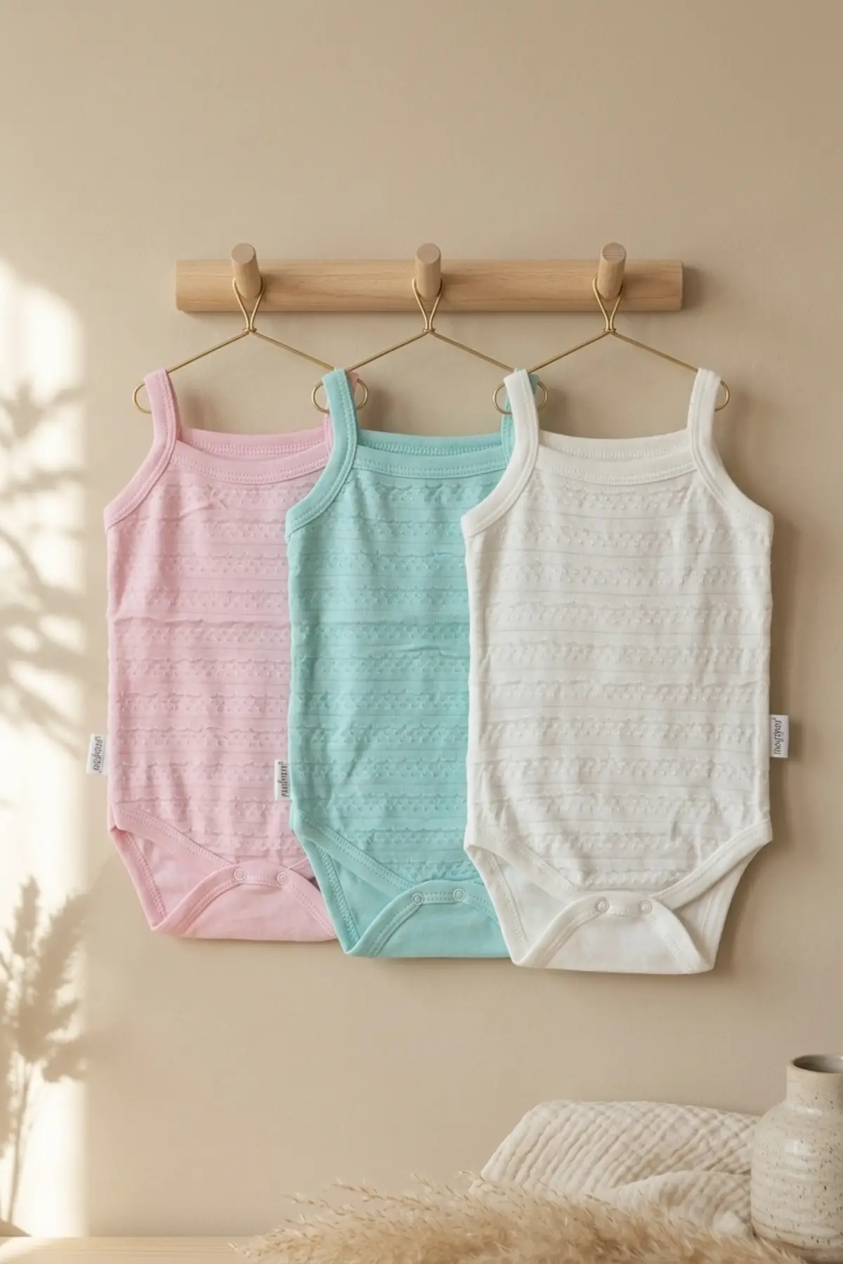 3lü Set Bebek Pamuklu İnce Askılı Body - Nefes Alan Jakarlı Dokulu Yazlık Zıbın Takımı (Pembe, Beyaz, Mint)
