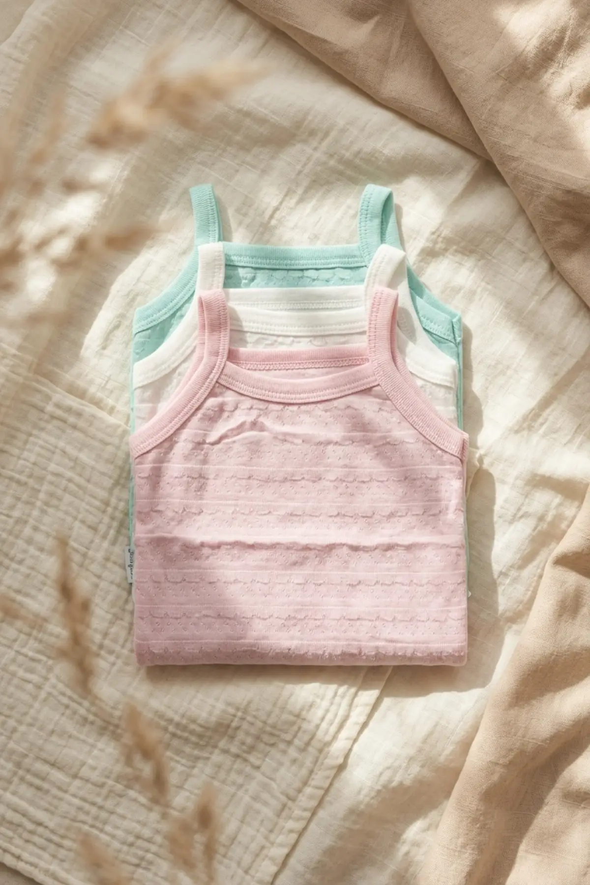 3lü Set Bebek Pamuklu İnce Askılı Body - Nefes Alan Jakarlı Dokulu Yazlık Zıbın Takımı (Pembe, Beyaz, Mint)