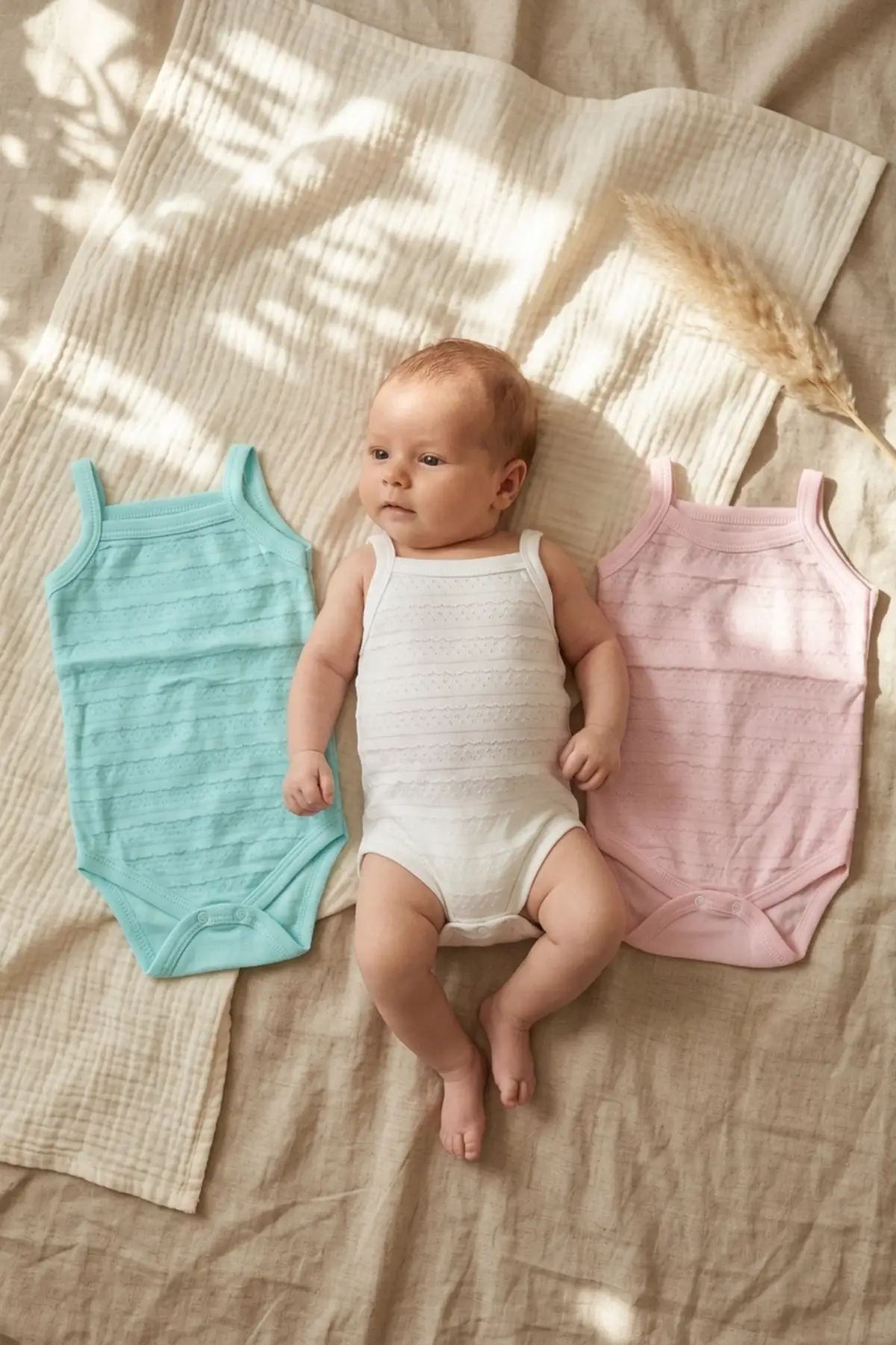 3lü Set Bebek Pamuklu İnce Askılı Body - Nefes Alan Jakarlı Dokulu Yazlık Zıbın Takımı (Pembe, Beyaz, Mint)