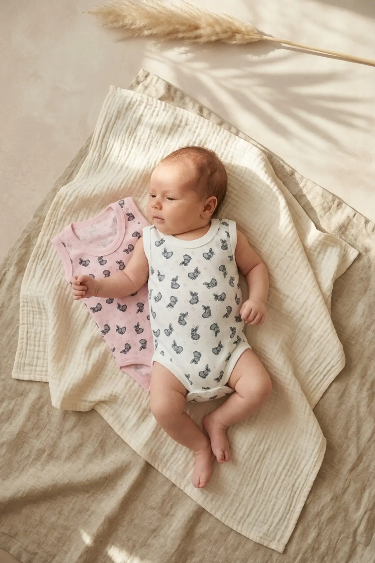 2li Bebek Kolsuz Body Seti - %100 Pamuklu Nefes Alan Pointelle Dokulu Tavşan Desenli Zıbın Takımı - Pembe & Beyaz