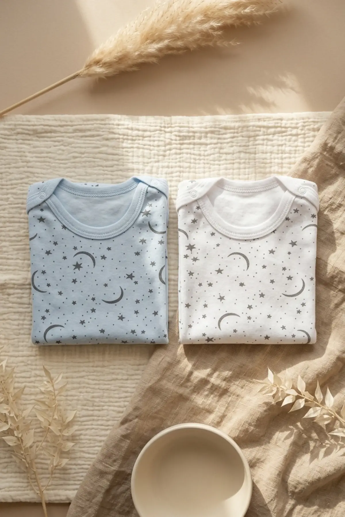 Astra Moonlight 2li Uzun Kollu Bebek Body Takımı - %100 Doğal Pamuk, Ay ve Yıldız Desenli Soft Mavi/Beyaz Zıbın Seti