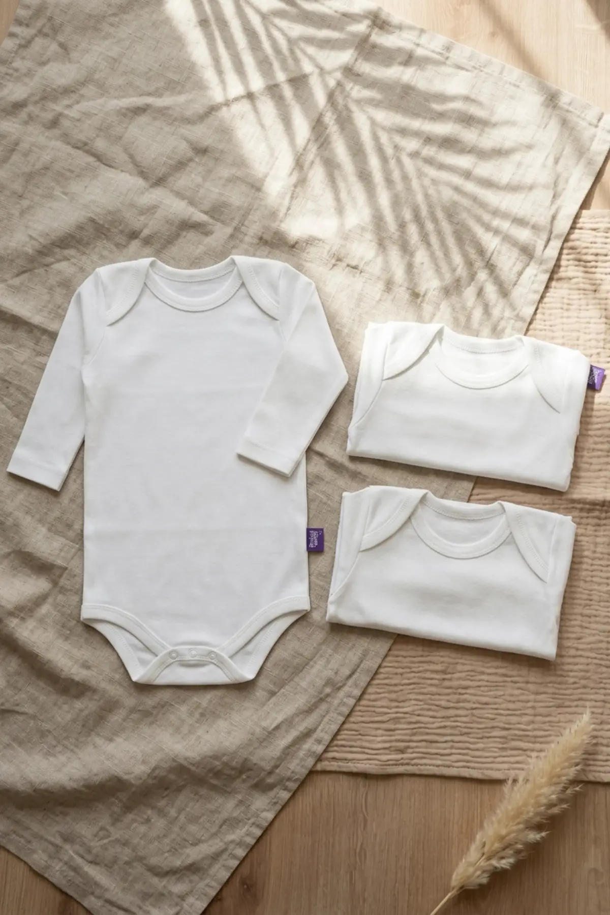 PureTouch 3lü Set Beyaz Uzun Kollu %100 Pamuklu Bebek Body - Antialerjik ve Yumuşak Dokulu Zıbın