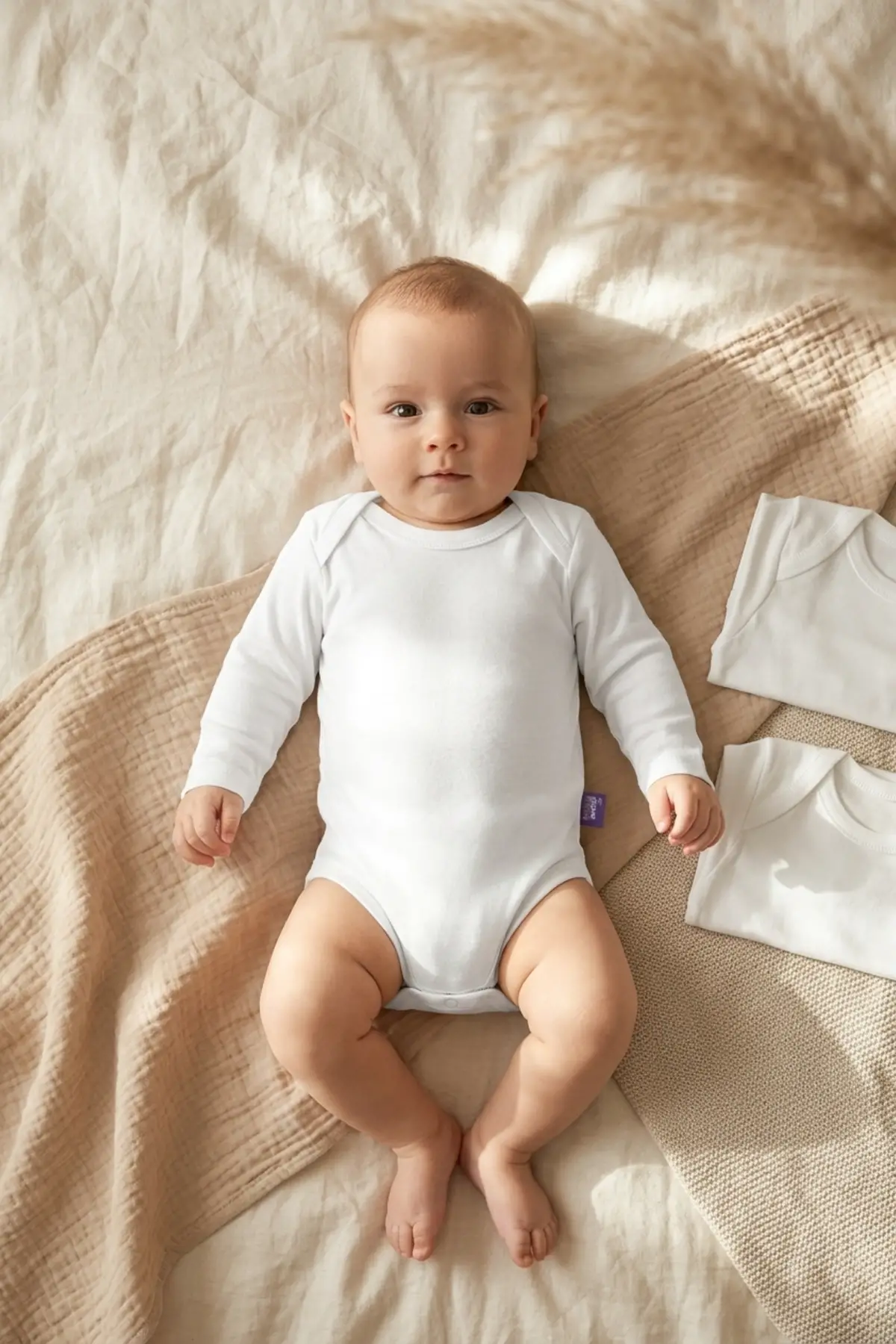 PureTouch 3lü Set Beyaz Uzun Kollu %100 Pamuklu Bebek Body - Antialerjik ve Yumuşak Dokulu Zıbın