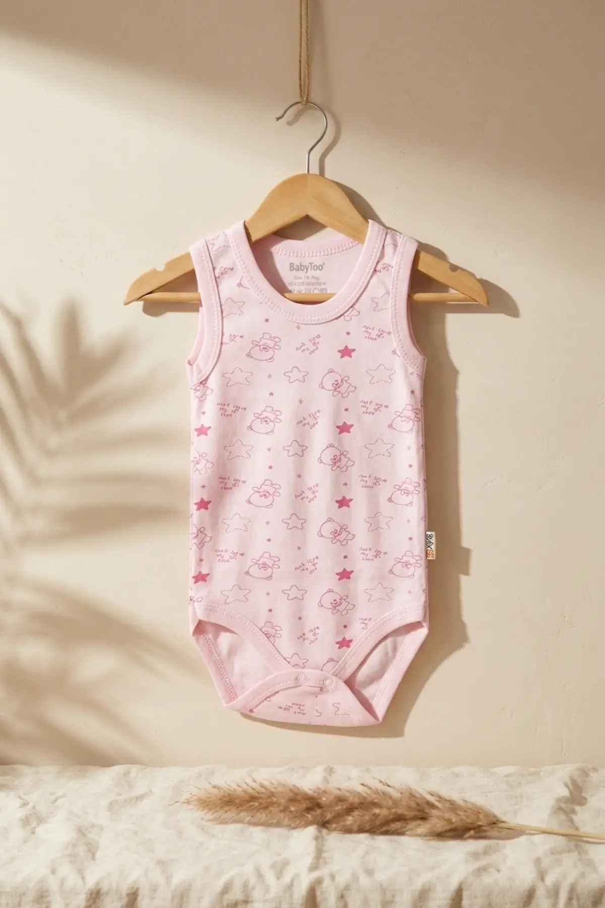 Kız Bebek Pembe Ayıcık ve Yıldız Desenli 2li Kolsuz %100 Pamuklu Zıbın Body Takımı
