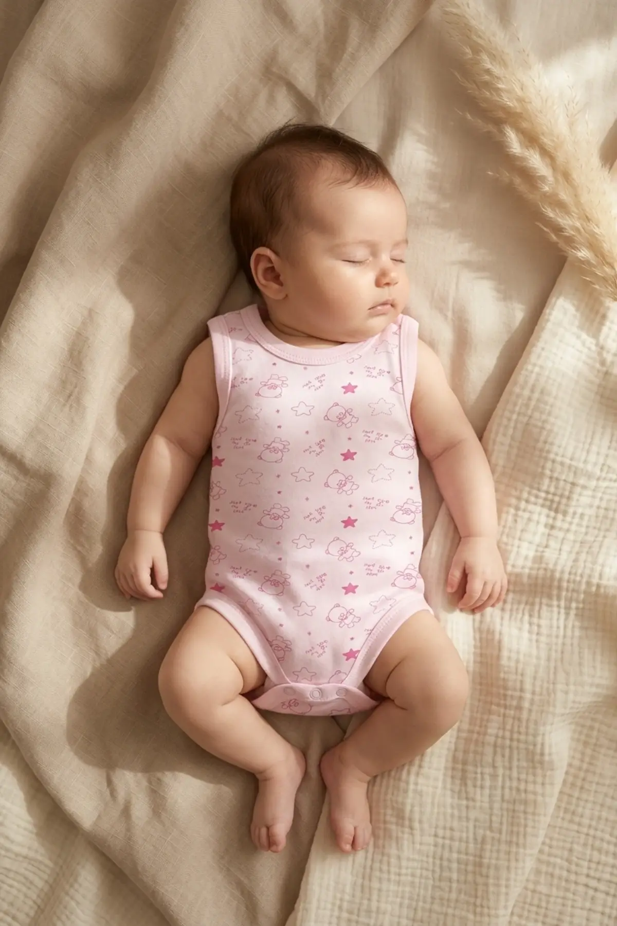 Kız Bebek Pembe Ayıcık ve Yıldız Desenli 2li Kolsuz %100 Pamuklu Zıbın Body Takımı