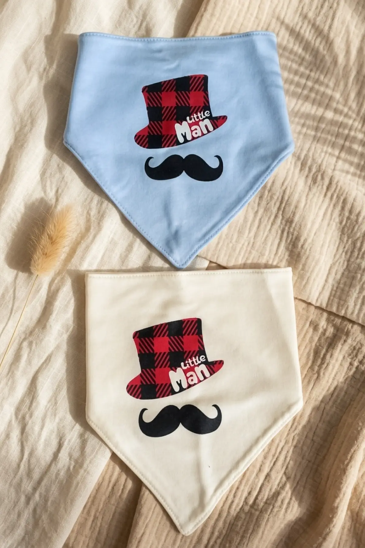 Little Man Baskılı 2li Erkek Bebek Bandana Fular Seti - %100 Yumuşak Pamuk, Mavi ve Krem Kombinli