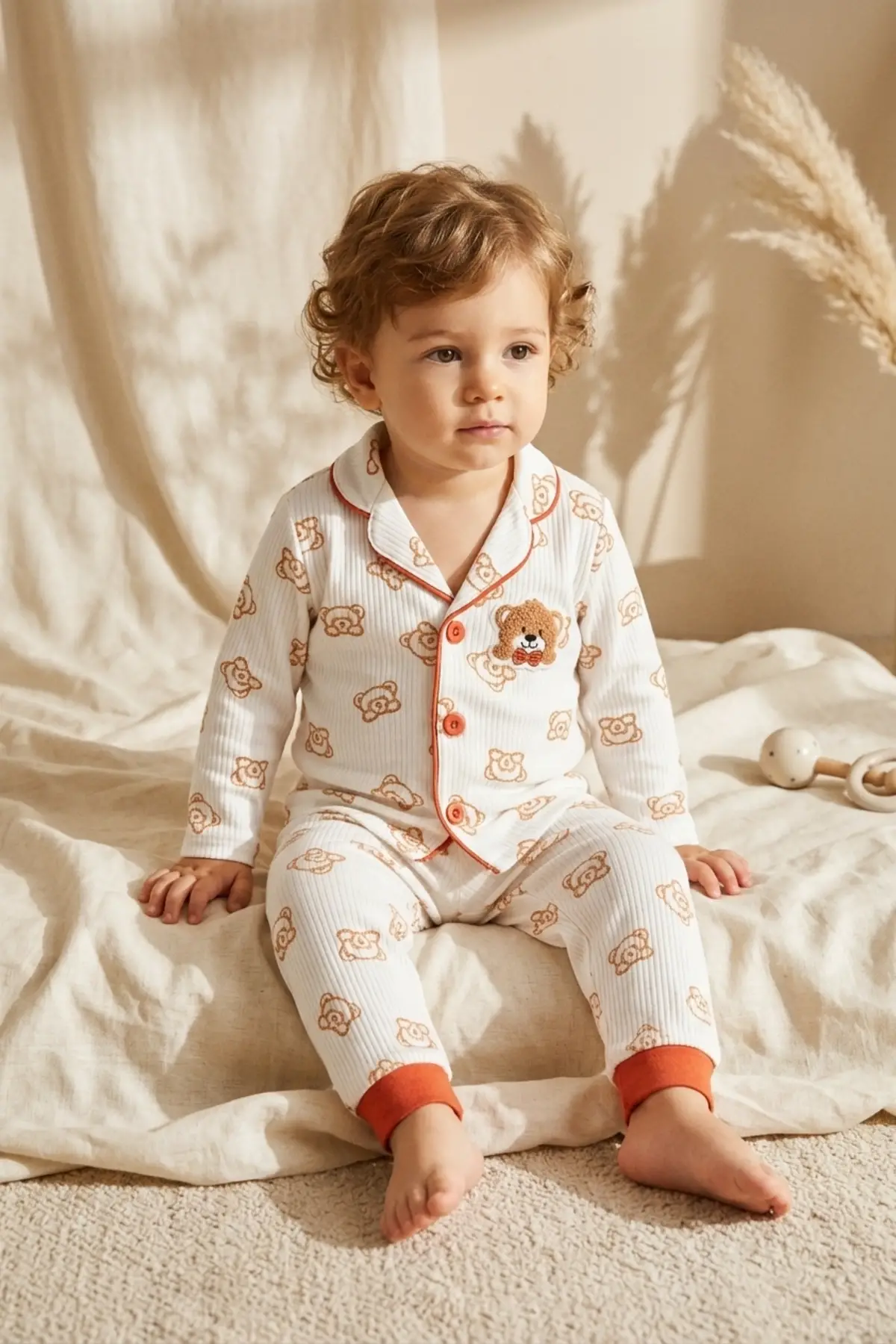 Milo Bear Bebek ve Çocuk Fitilli Pijama Takımı - Kırmızı Biyeli Ayıcık Baskılı Pamuklu Kaşkorse Takım