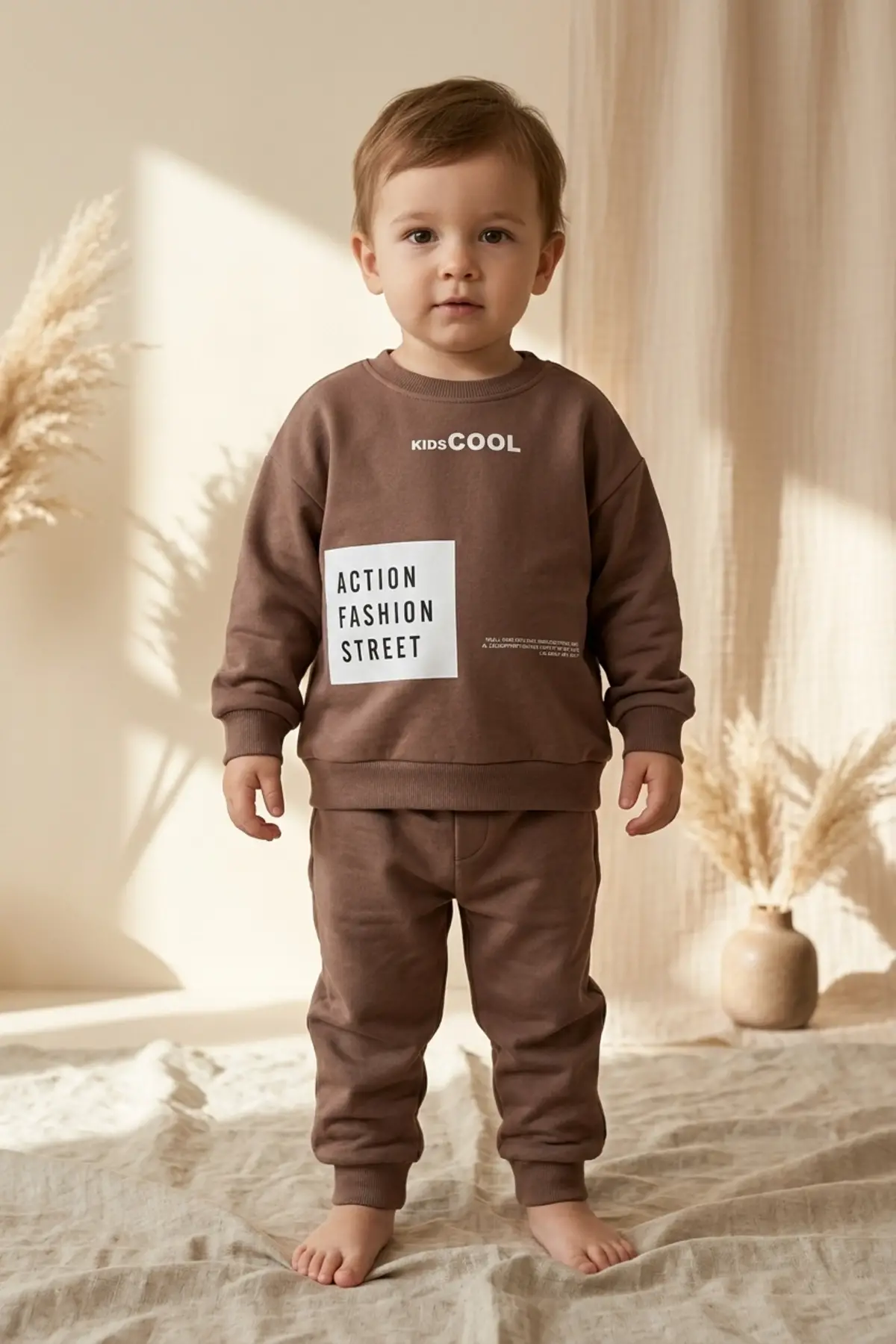 Action Street Çocuk Unisex Kahverengi Pamuklu Oversize Sweatshirt ve Jogger Eşofman Takımı