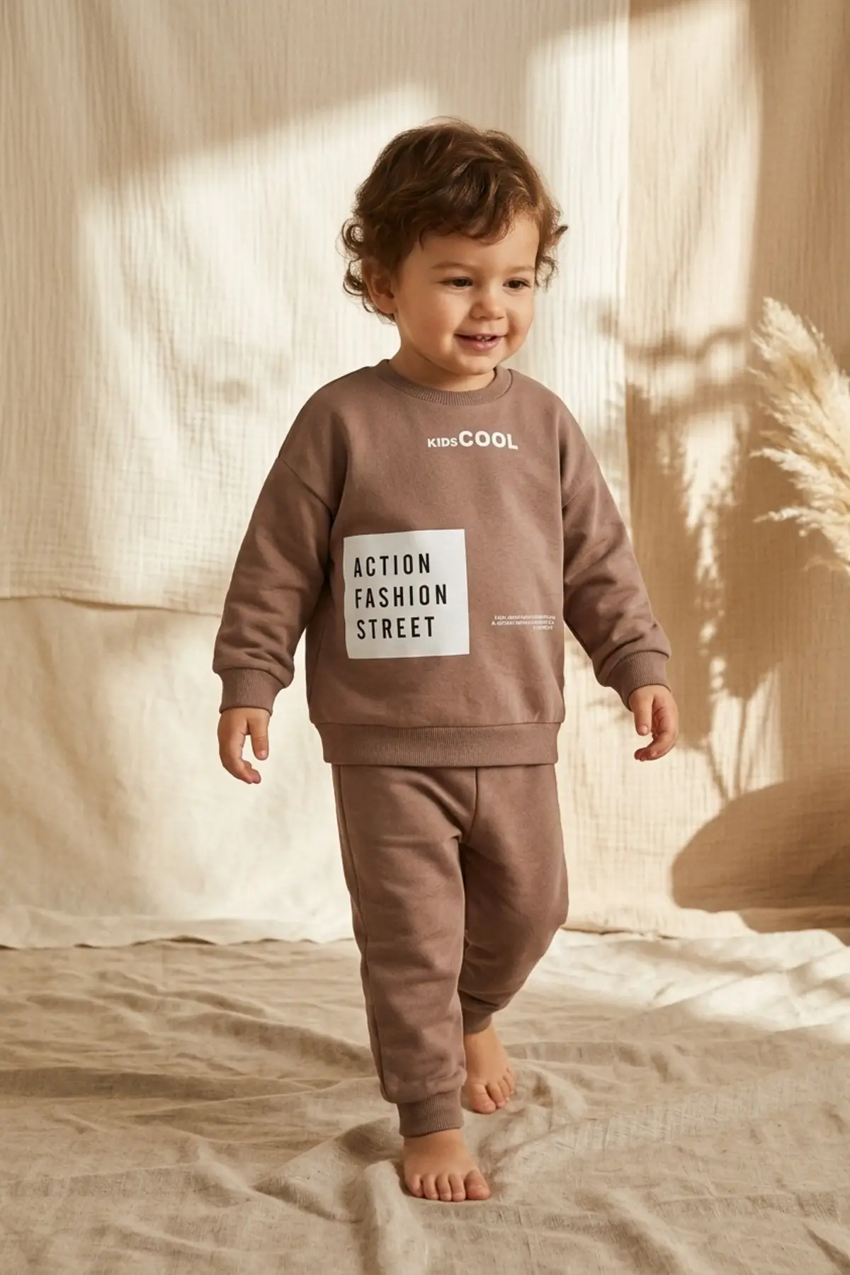 Action Street Çocuk Unisex Kahverengi Pamuklu Oversize Sweatshirt ve Jogger Eşofman Takımı