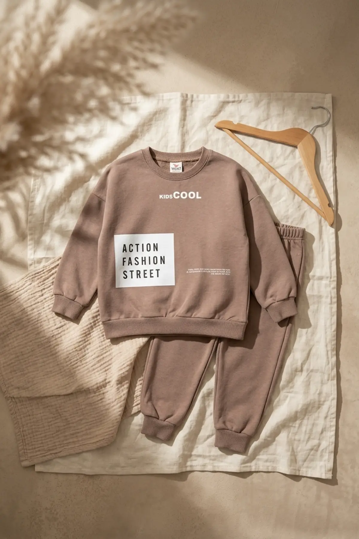 Action Street Çocuk Unisex Kahverengi Pamuklu Oversize Sweatshirt ve Jogger Eşofman Takımı