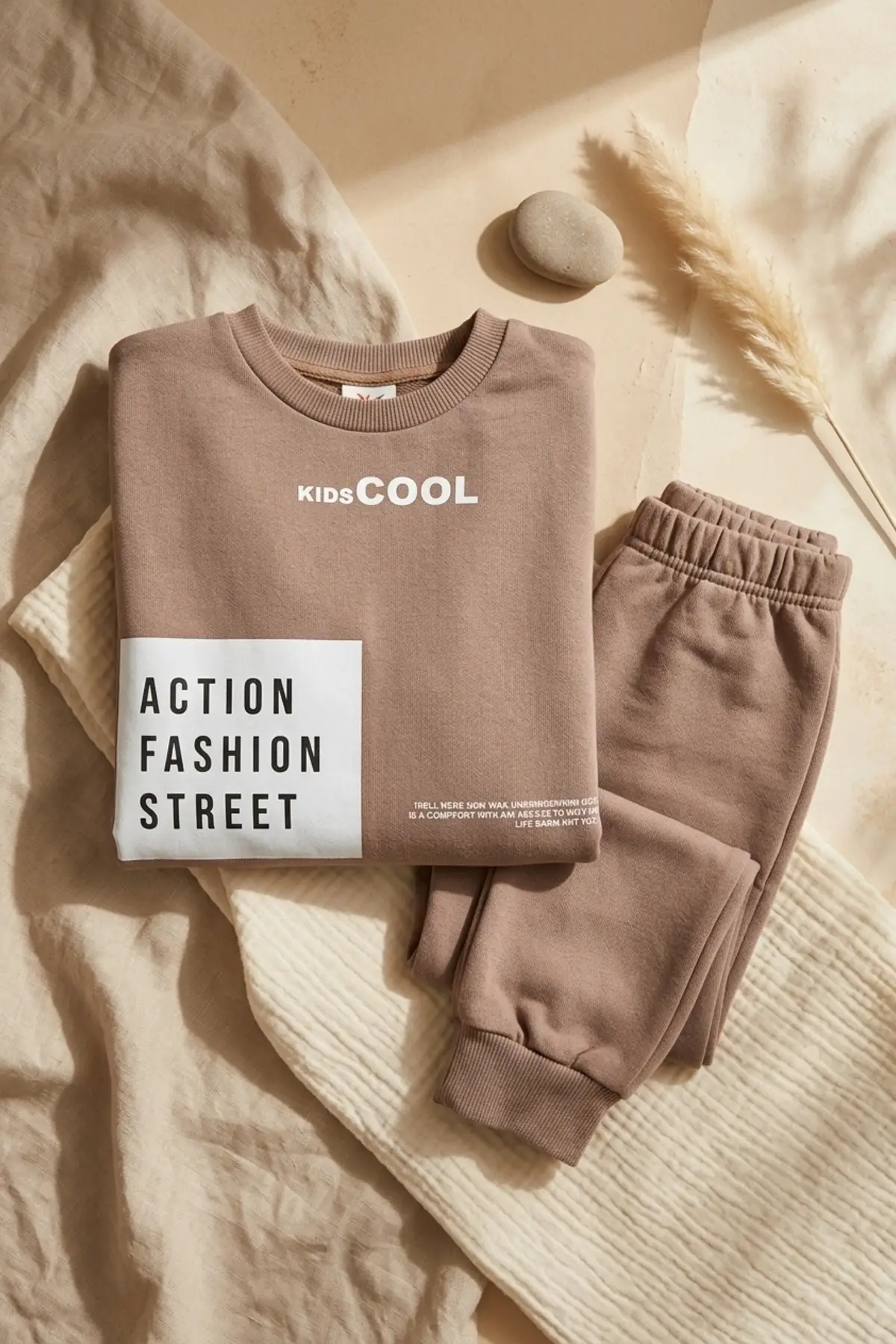 Action Street Çocuk Unisex Kahverengi Pamuklu Oversize Sweatshirt ve Jogger Eşofman Takımı