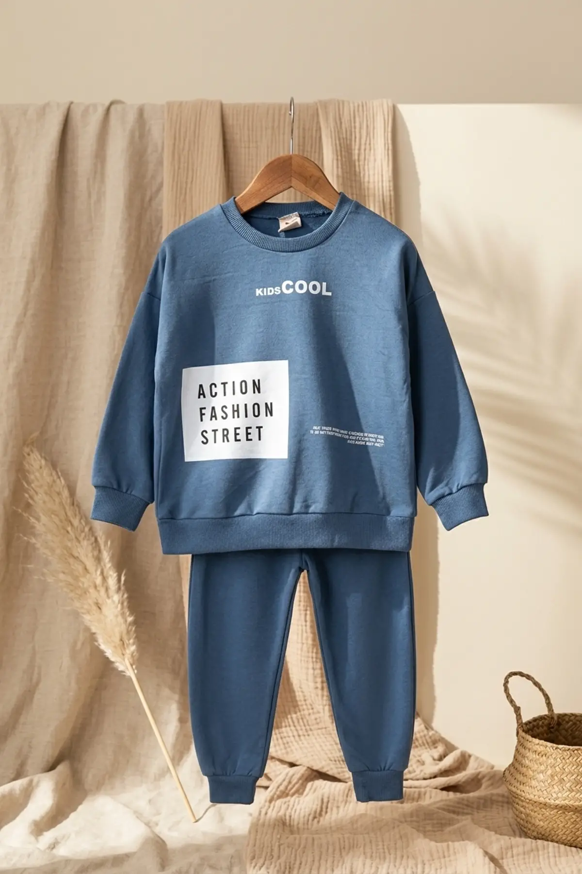 Action Street Çocuk Unisex Kahverengi Pamuklu Oversize Sweatshirt ve Jogger Eşofman Takımı