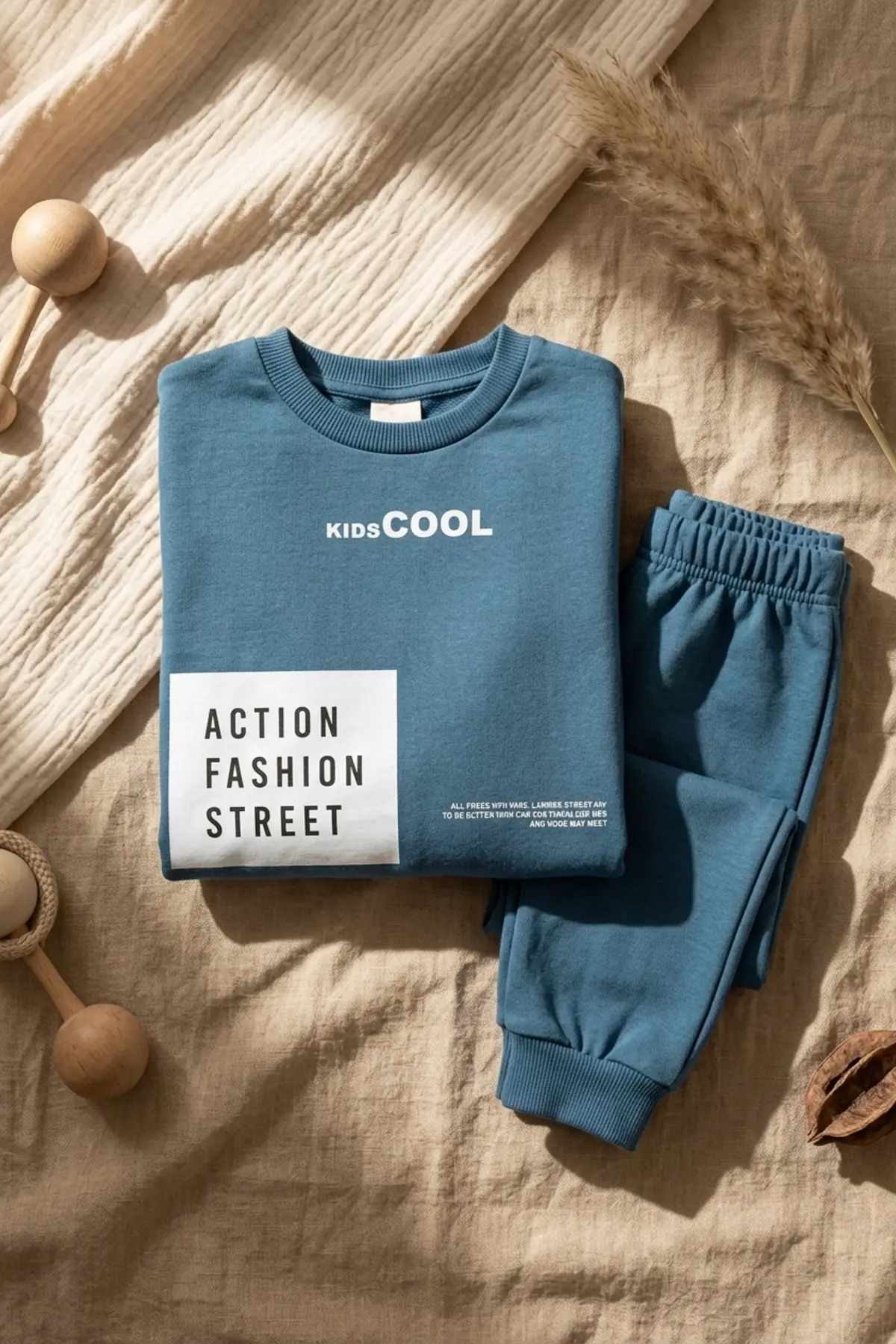 Action Street Çocuk Unisex Kahverengi Pamuklu Oversize Sweatshirt ve Jogger Eşofman Takımı