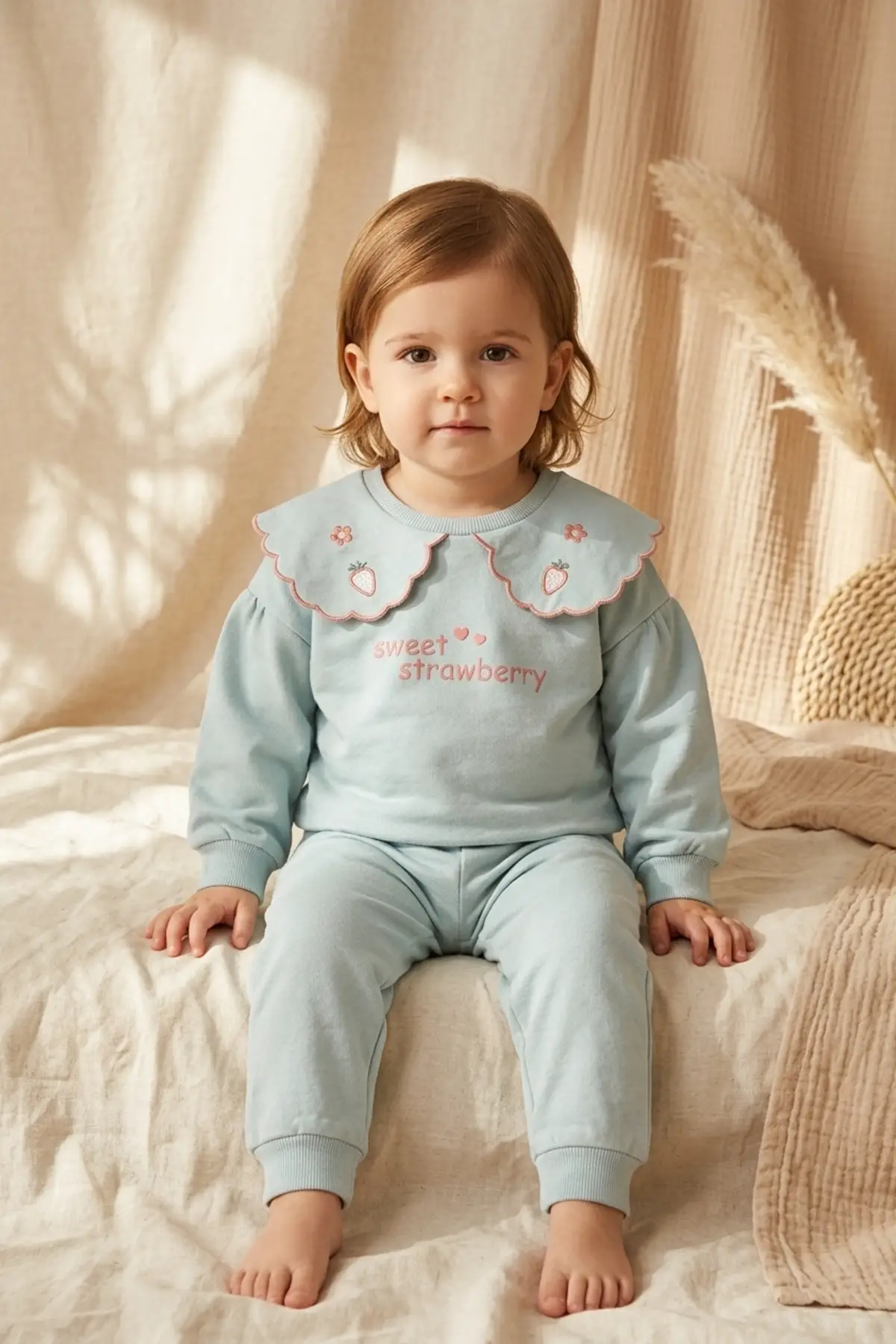 Kız Çocuk Mint Yeşili Çilek Nakışlı Bebe Yaka Sweatshirt ve Eşofman Altı Premium Pamuklu İkili Takım