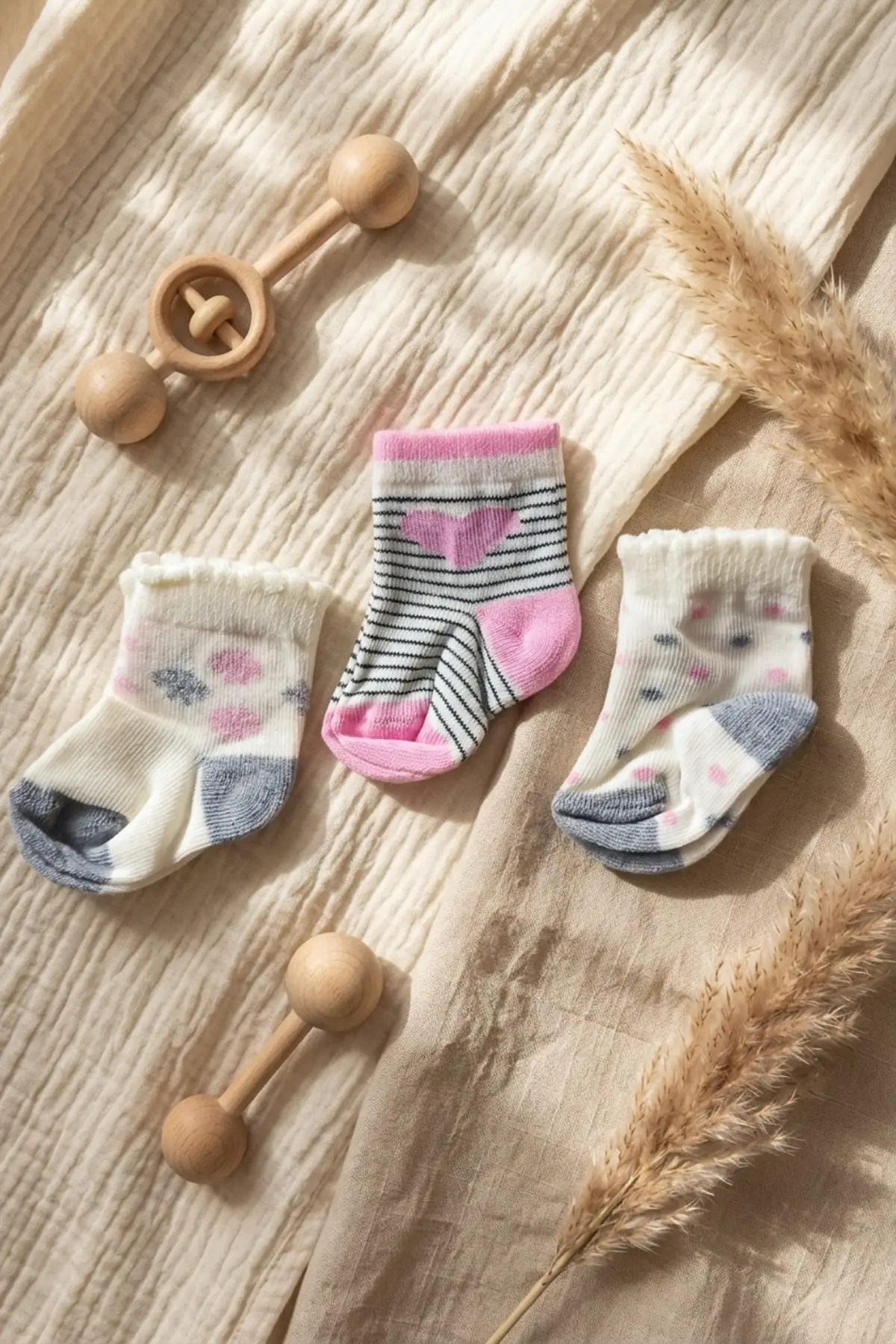 Luvy Soft 3lü Paket Pamuklu 0-6 Ay Kız Bebek Çorap Seti - Kalp ve Çizgili Desenli Antialerjik Yumuşak Doku