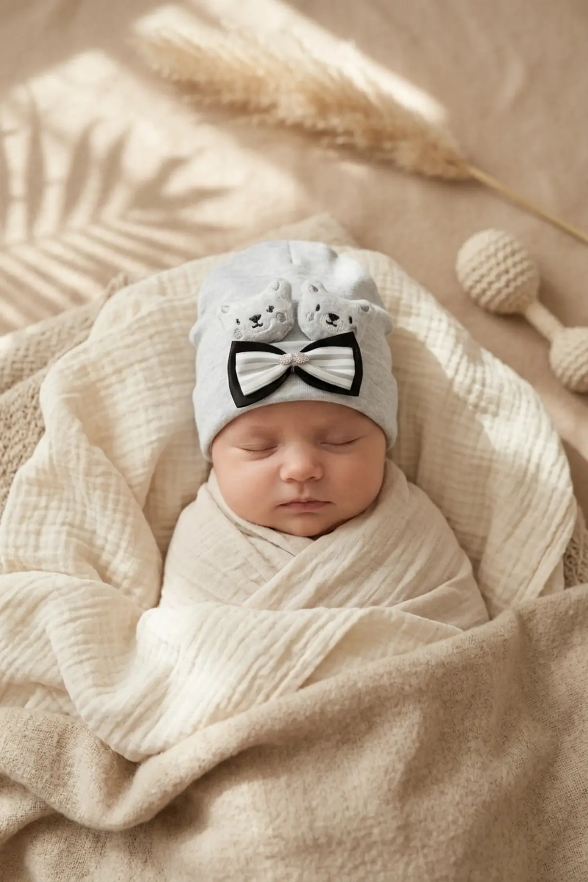Teddy Charm Nakışlı ve Papyon Detaylı %100 Pamuklu Yumuşak Bebek Beresi - Gri Melanj Şık Bebek Aksesuarı