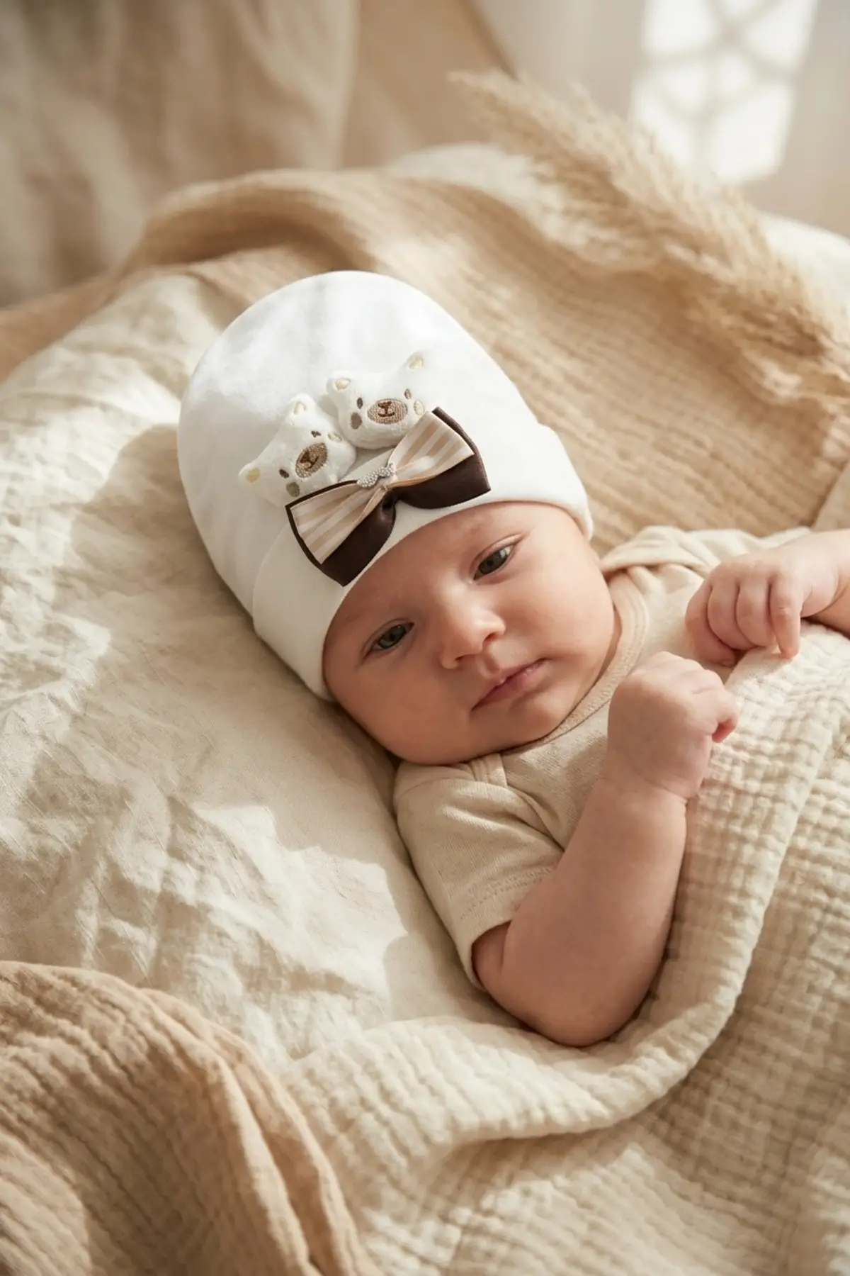 Teddy Charm Nakışlı ve Papyon Detaylı %100 Pamuklu Yumuşak Bebek Beresi - Beyaz Melanj Şık Bebek Aksesuarı