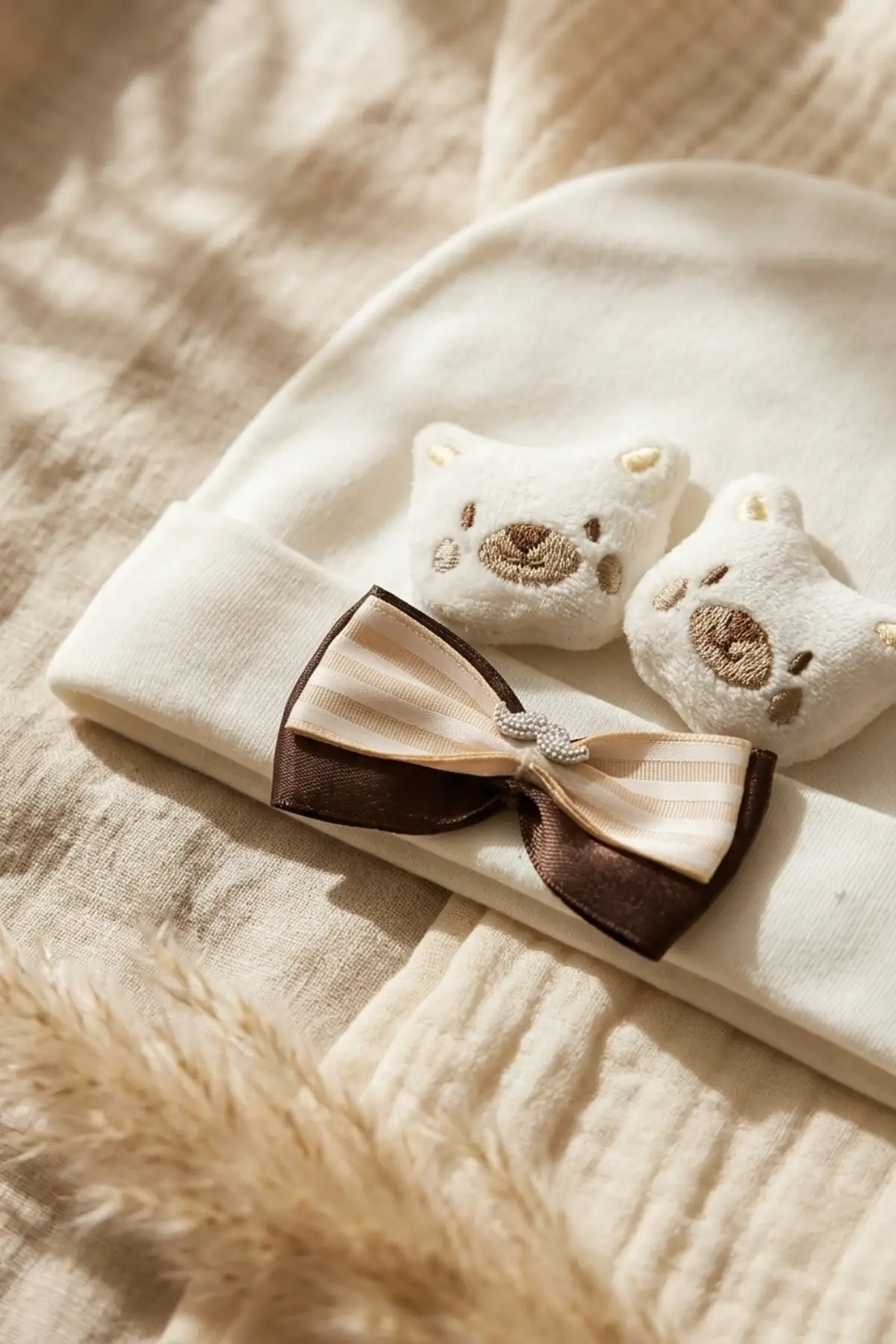 Teddy Charm Nakışlı ve Papyon Detaylı %100 Pamuklu Yumuşak Bebek Beresi - Beyaz Melanj Şık Bebek Aksesuarı
