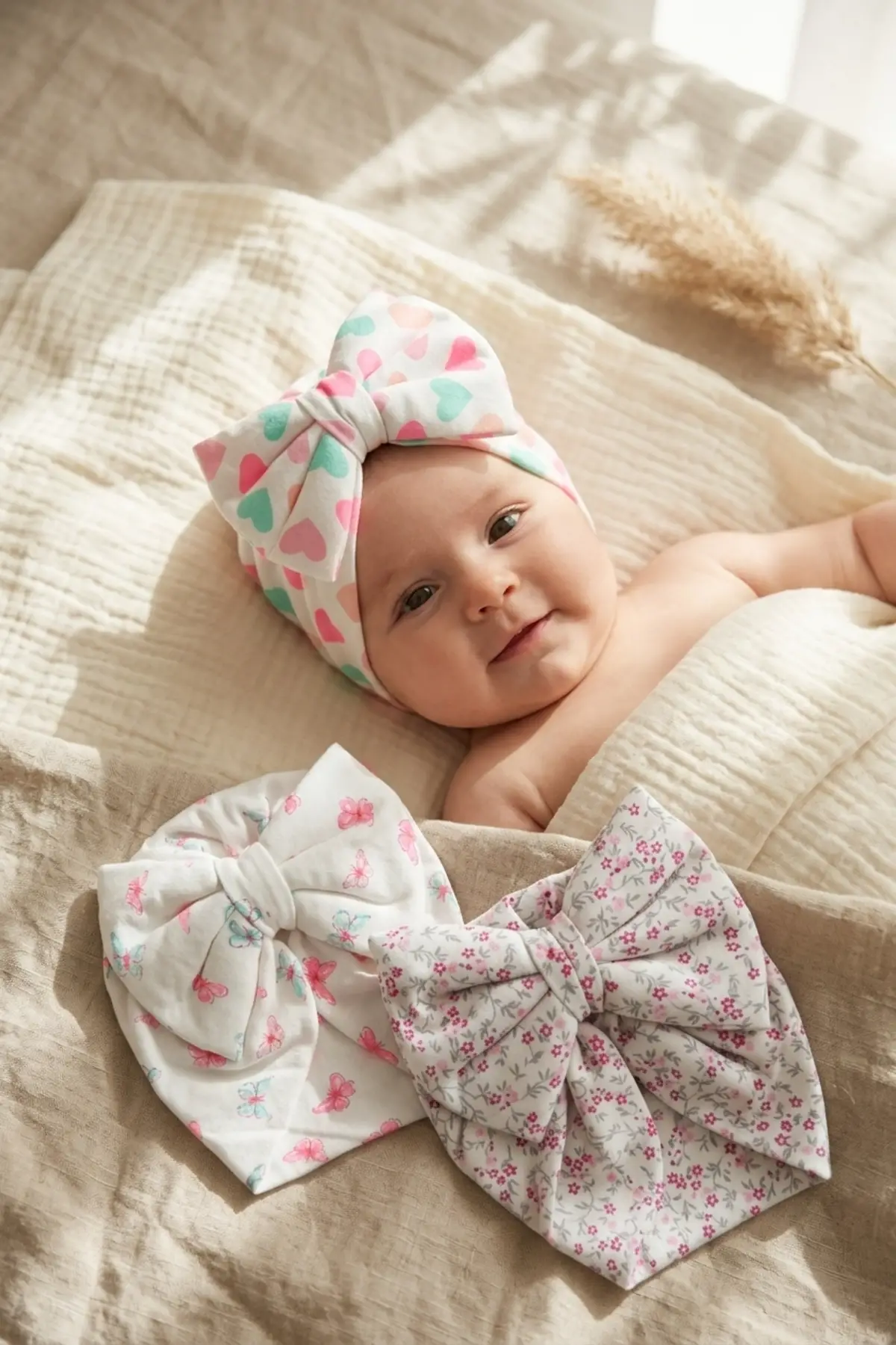 Mia Bloom 3lü Pamuklu Bebek Bone Seti - Esnek Fiyonklu Kelebek, Kalp ve Çiçek Desenli Bebek Bone Takımı