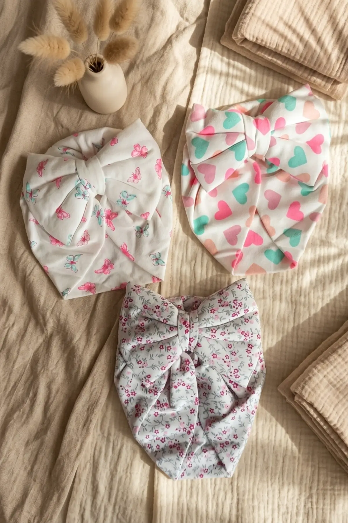 Mia Bloom 3lü Pamuklu Bebek Bone Seti - Esnek Fiyonklu Kelebek, Kalp ve Çiçek Desenli Bebek Bone Takımı