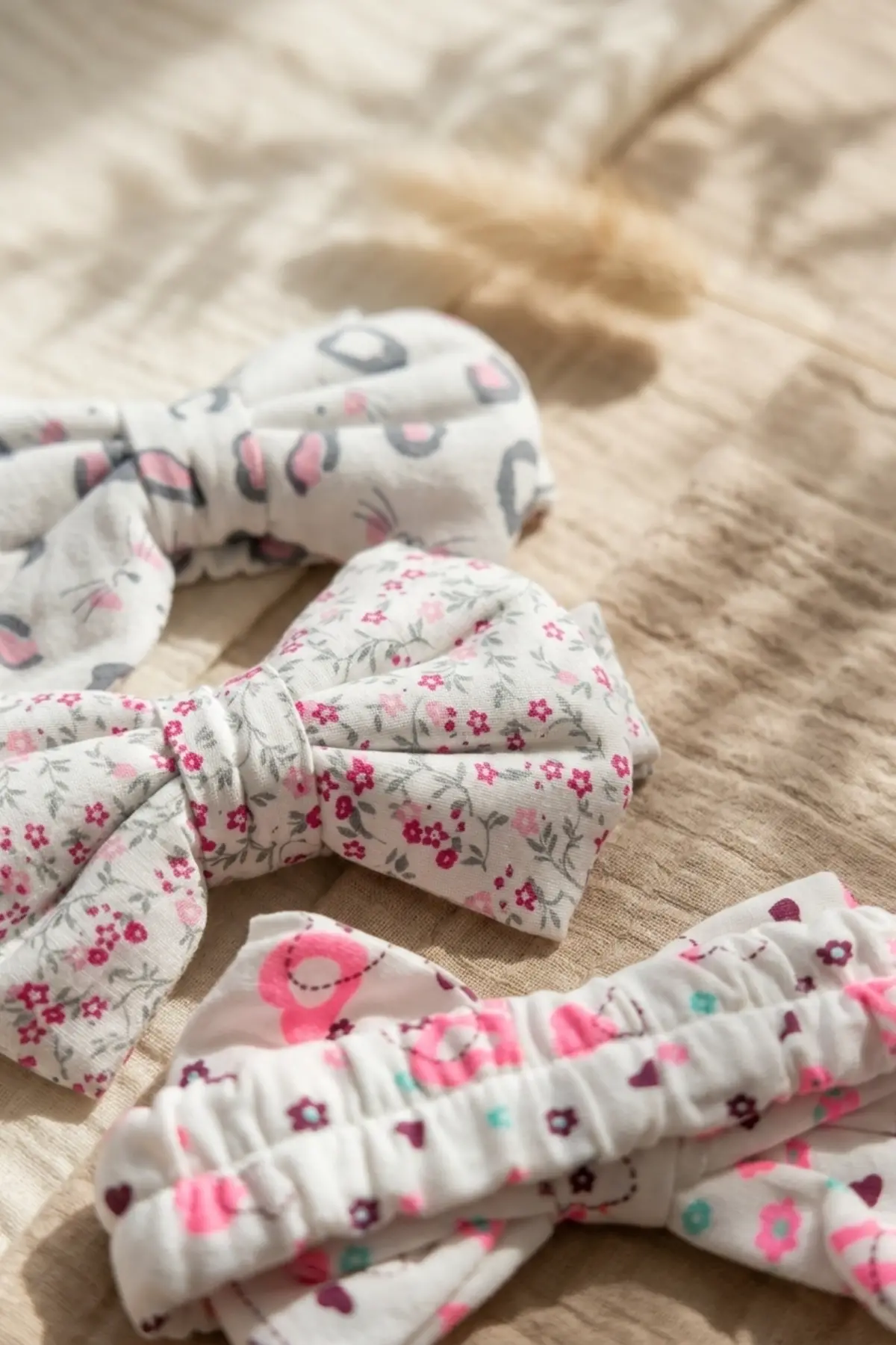 3lü Bebek ve Çocuk Pamuklu Fiyonk Bandana Seti - Yumuşak Dokulu Floral ve Kedi Desenli Saç Aksesuarı