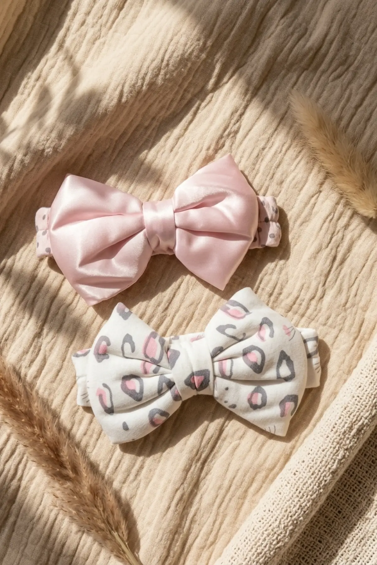 Lumina 2li Lüks Saten Fiyonk Bebek Bandana Seti - Pembe ve Leopar Yumuşak Elastik Saç Aksesuarı