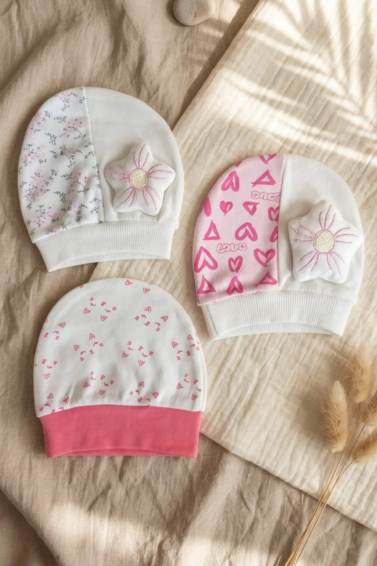 3lü % 100 Pamuklu Çiçek Aplikeli Kız Bebek Bere Şapka Seti- Kalp ve Çizgi Desenli Penye Bebek Şapkası 0-3 Ay