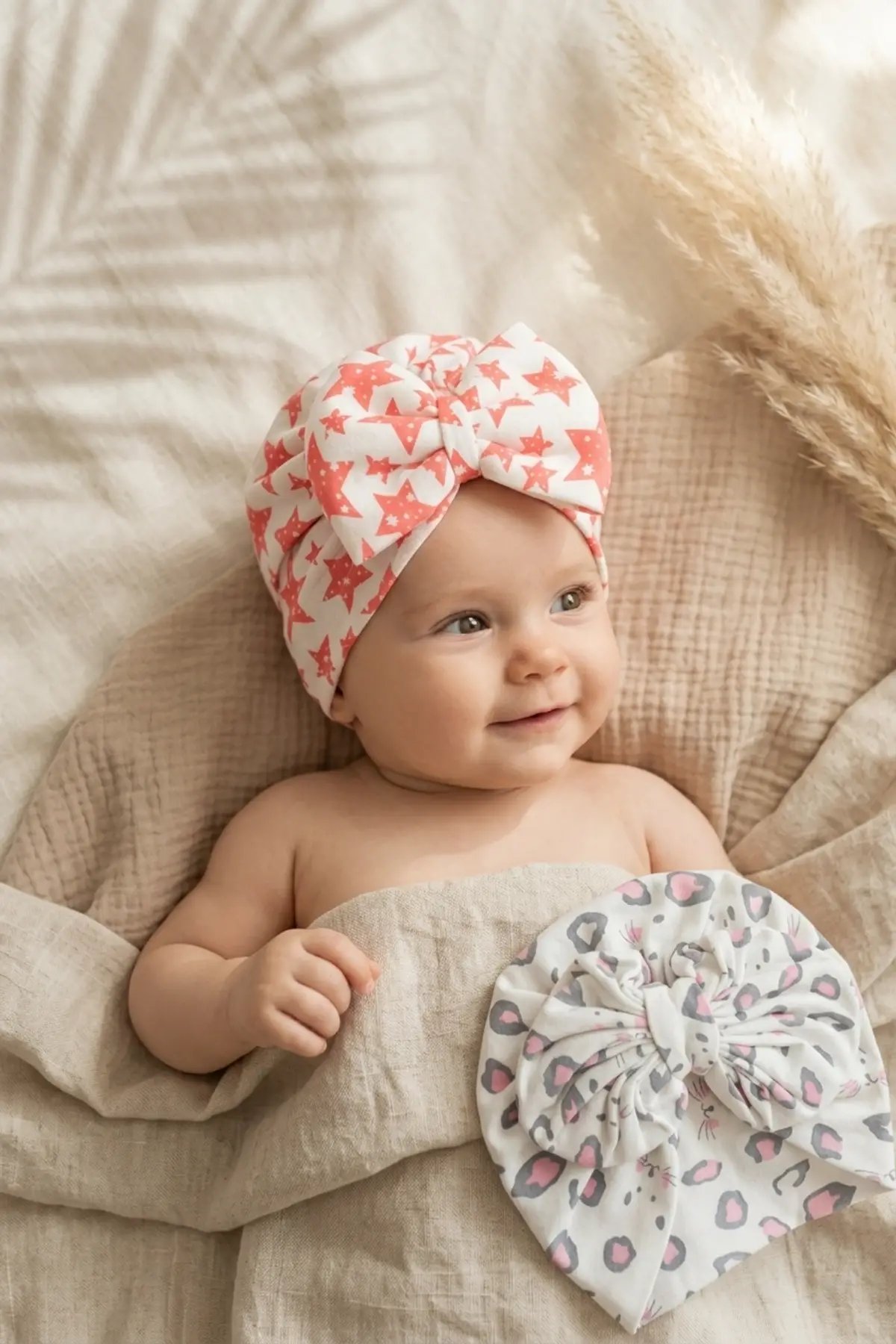 Nova & Leo 2li Bebek Bone Seti - Pamuklu Esnek Kumaş, Yıldız ve Leopar Desenli Büyük Fiyonklu Bandana