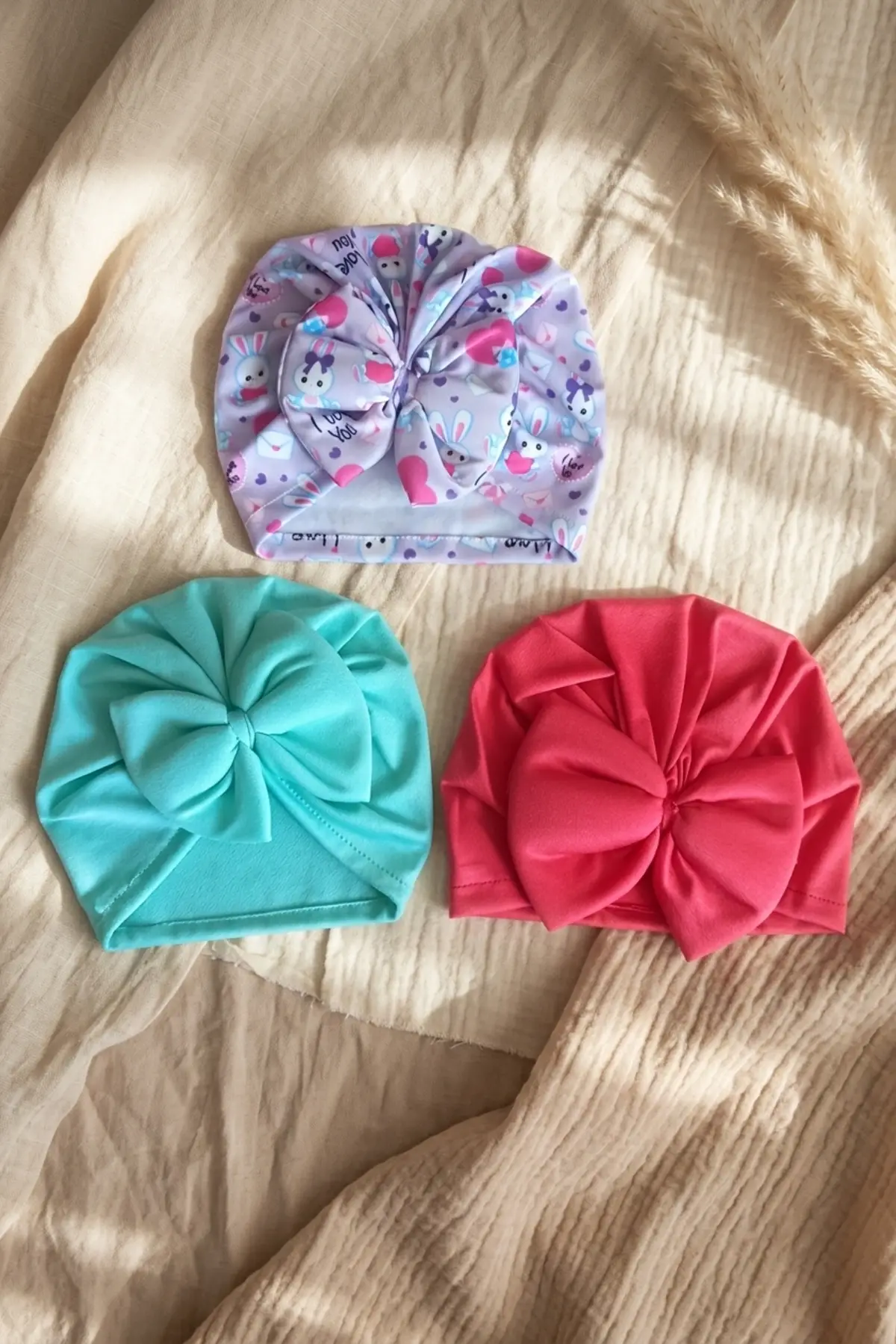 Mia Soft Saten Bebek Turban Bone Seti - 3lü Fiyonklu Esnek ve Yumuşak Bebek Aksesuarı