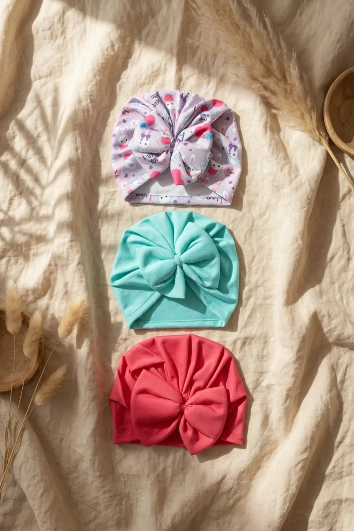 Mia Soft Saten Bebek Turban Bone Seti - 3lü Fiyonklu Esnek ve Yumuşak Bebek Aksesuarı