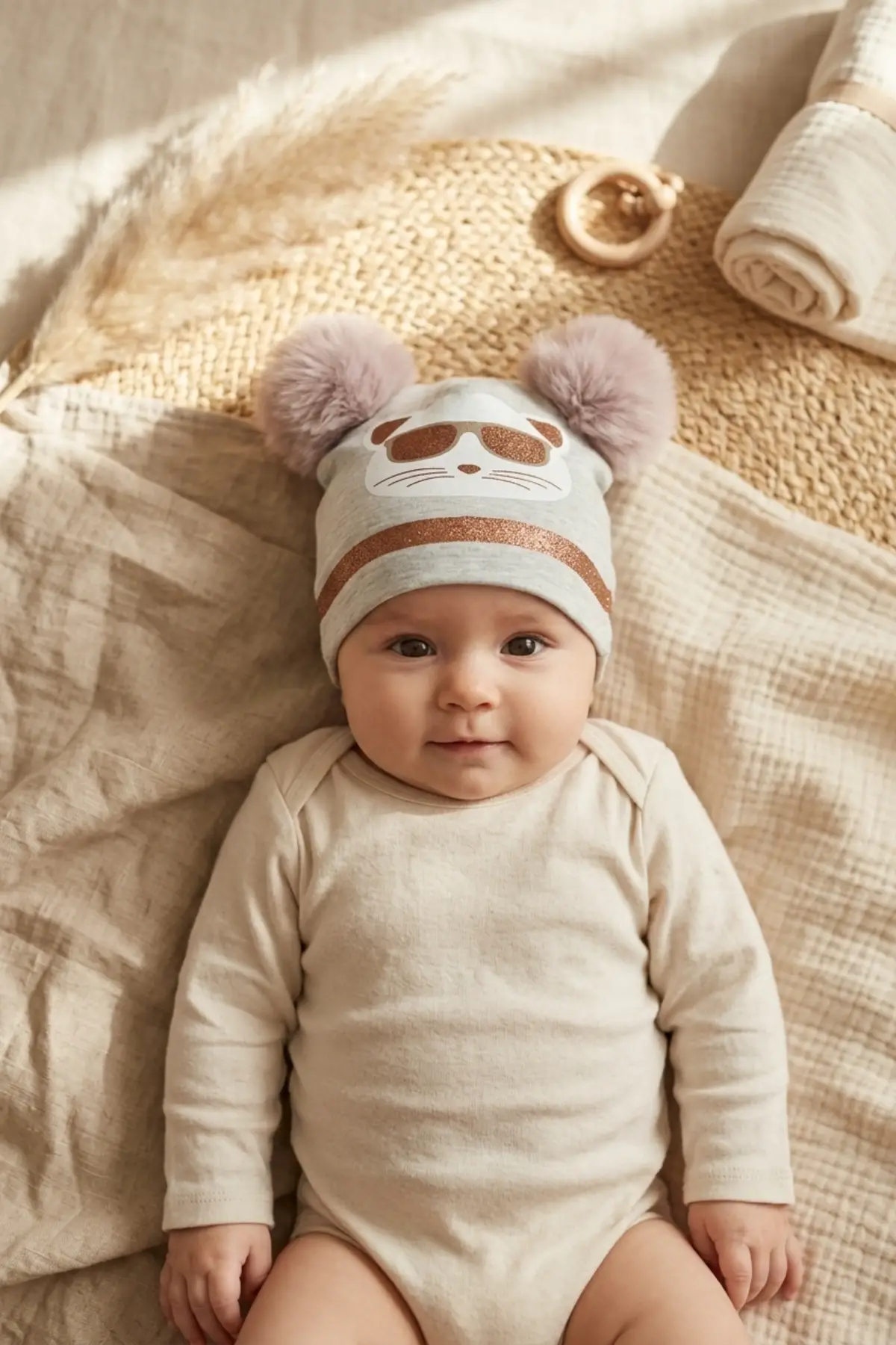 Mia Cool Cat Gri Sim Detaylı Çift Peluş 0-6 Ay Ponponlu Bebek ve Çocuk Beresi - Yumuşak Pamuklu Mevsimlik Şapka