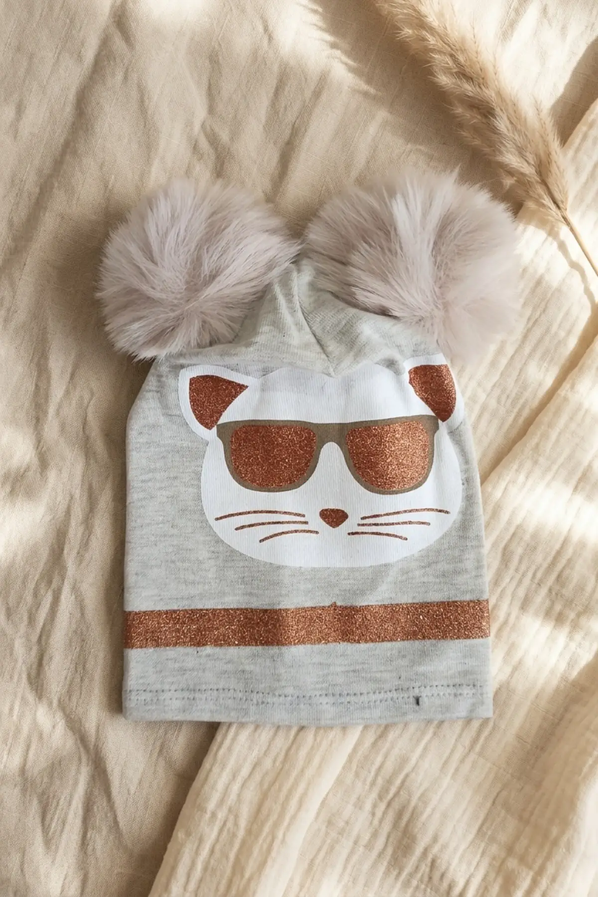Mia Cool Cat Gri Sim Detaylı Çift Peluş 0-6 Ay Ponponlu Bebek ve Çocuk Beresi - Yumuşak Pamuklu Mevsimlik Şapka