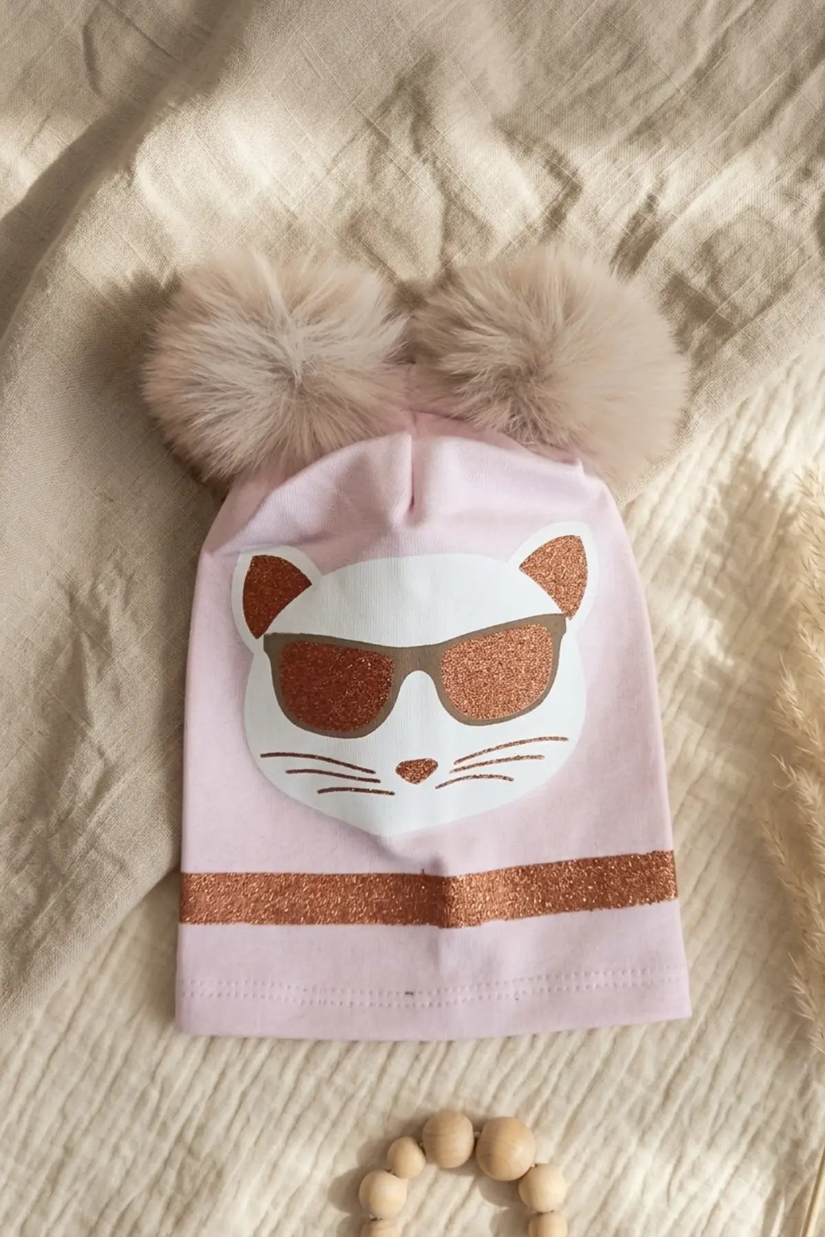 Mia Cool Cat Pembe Sim Detaylı Çift Peluş 0-6 Ay Ponponlu Bebek ve Çocuk Beresi - Yumuşak Pamuklu Mevsimlik Şapka