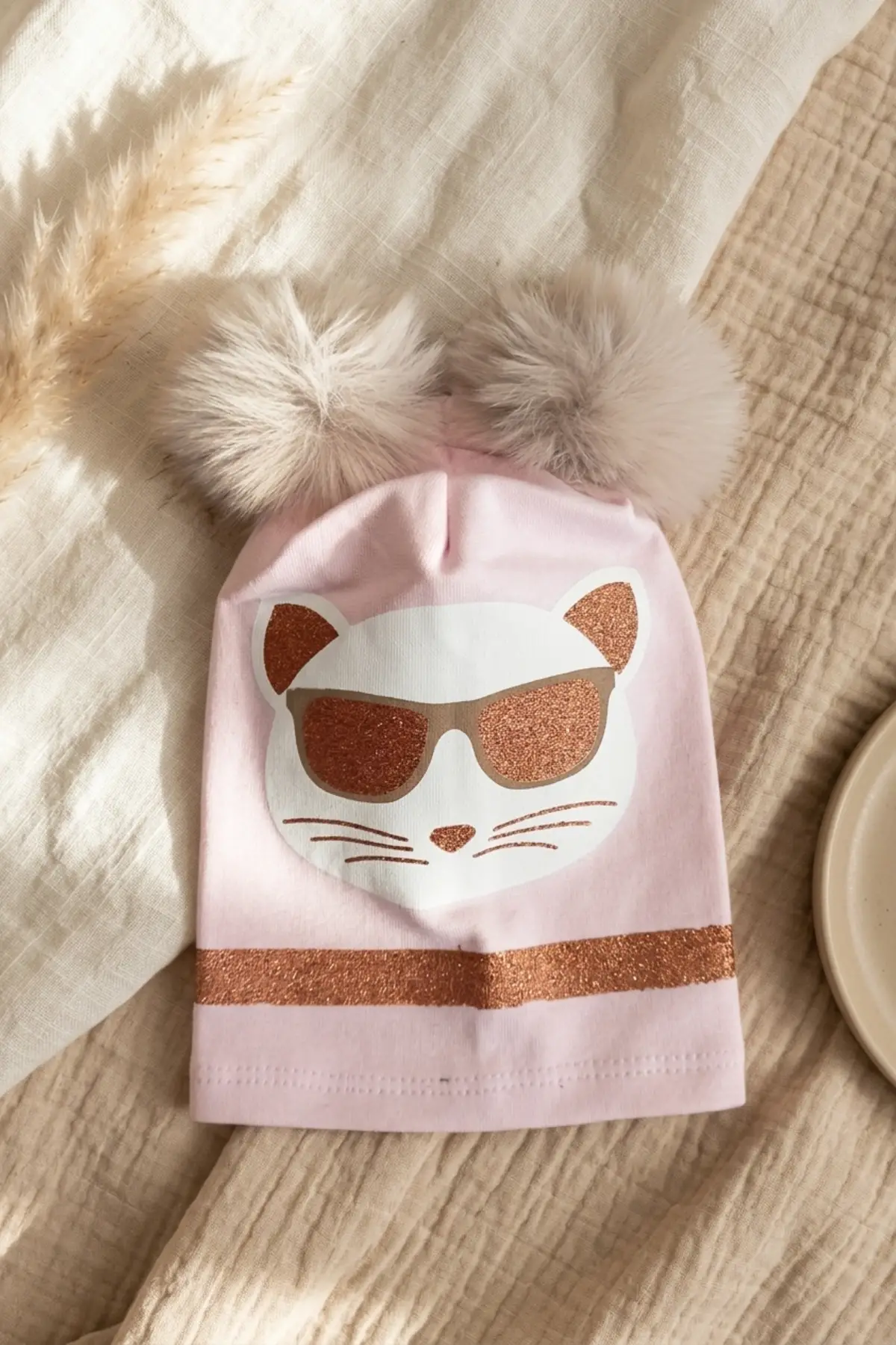 Mia Cool Cat Pembe Sim Detaylı Çift Peluş 0-6 Ay Ponponlu Bebek ve Çocuk Beresi - Yumuşak Pamuklu Mevsimlik Şapka