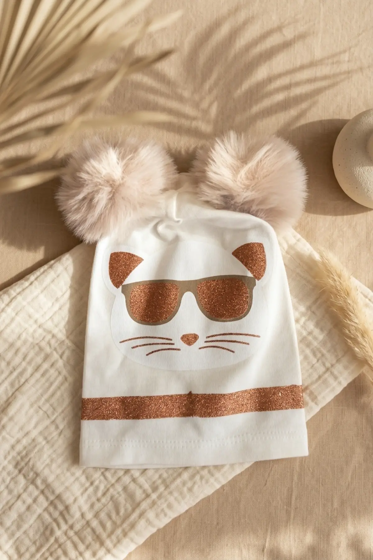 Mia Cool Cat Beyaz Sim Detaylı Çift Peluş 0-6 Ay Ponponlu Bebek ve Çocuk Beresi - Yumuşak Pamuklu Mevsimlik Şapka