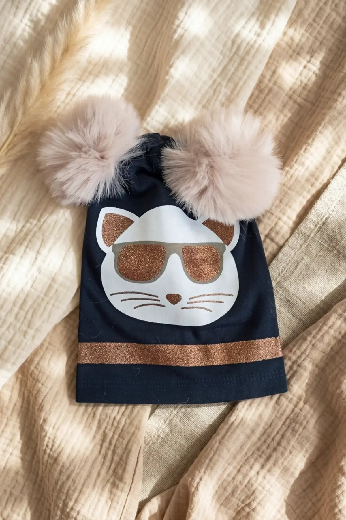 Mia Cool Cat Siyah Sim Detaylı Çift Peluş 0-6 Ay Ponponlu Bebek ve Çocuk Beresi - Yumuşak Pamuklu Mevsimlik Şapka