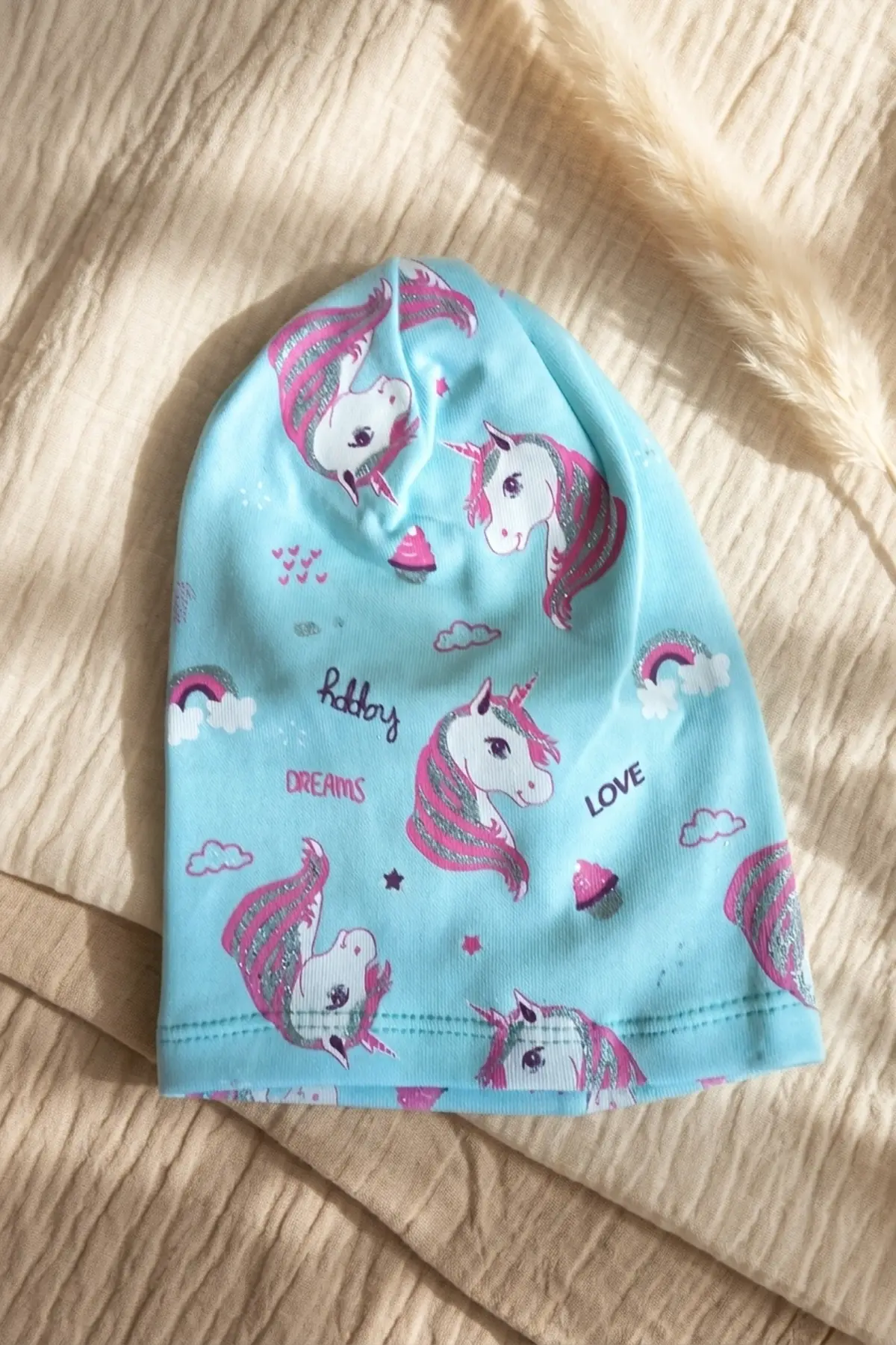 Kız Çocuk Mavi Unicorn Desenli Pamuklu Esnek Penye Bere - Gümüş Sim Detaylı Mevsimlik Çocuk Şapkası