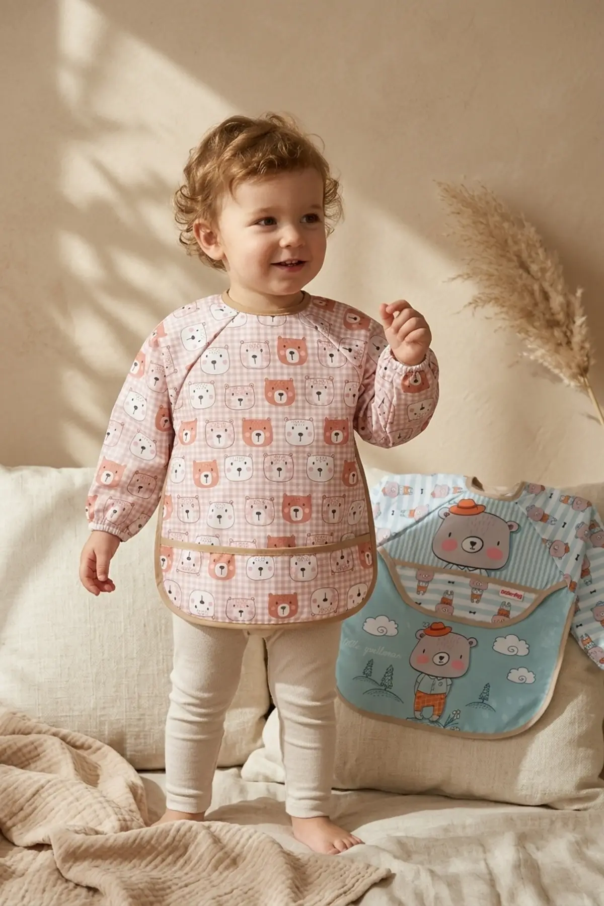 Teddy Guard Sıvı Geçirmez Uzun Kollu Bebek Mama Önlüğü 2li Set - 6-24 Ay Leke Tutmaz BLW Uyumlu Ayıcık Desenli Mama Önlüğü