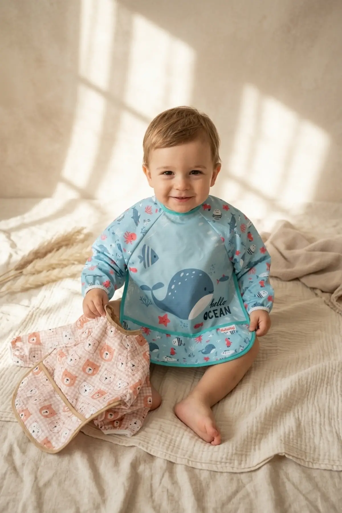 TinyJoy Su Geçirmez Uzun Kollu Mama Önlüğü Seti 6-24 Ay - 2li Paket Ayıcık ve Balina Desenli Leke Tutmaz BLW Önlüğü