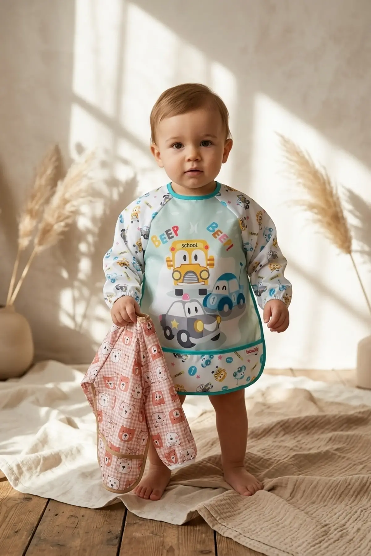 TinyGuard Su Geçirmez Uzun Kollu Bebek Mama ve Aktivite Önlüğü 6-24 Ay - 2li Set Bear & Traffic Serisi Leke Tutmaz BLW Önlüğü